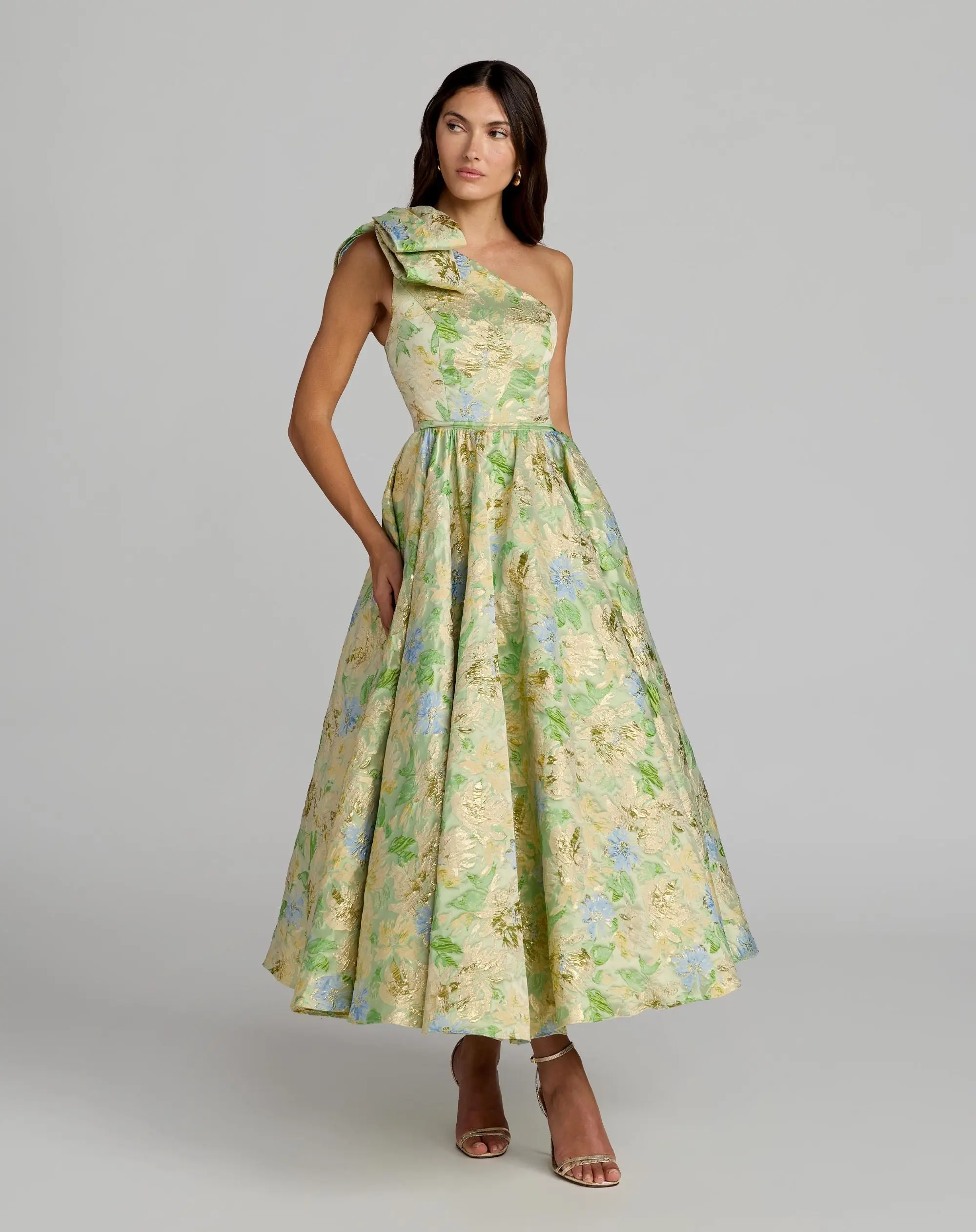 Green One Shoulder Brocade Midi Dress With Bow Detail - Special Events Unlimited