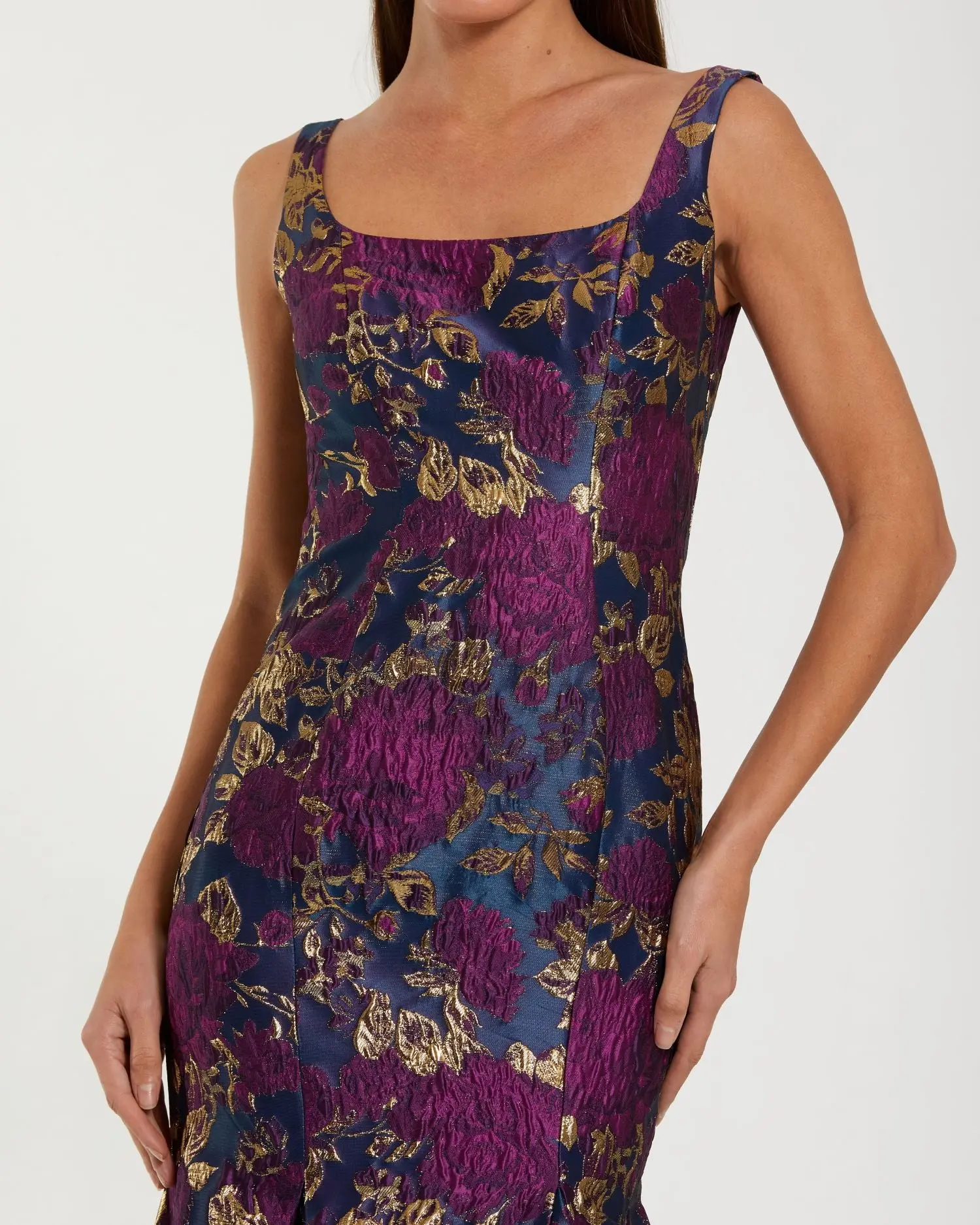 Navy Multicolor Sleeveless Brocade Trumpet Gown - Special Events Unlimited
