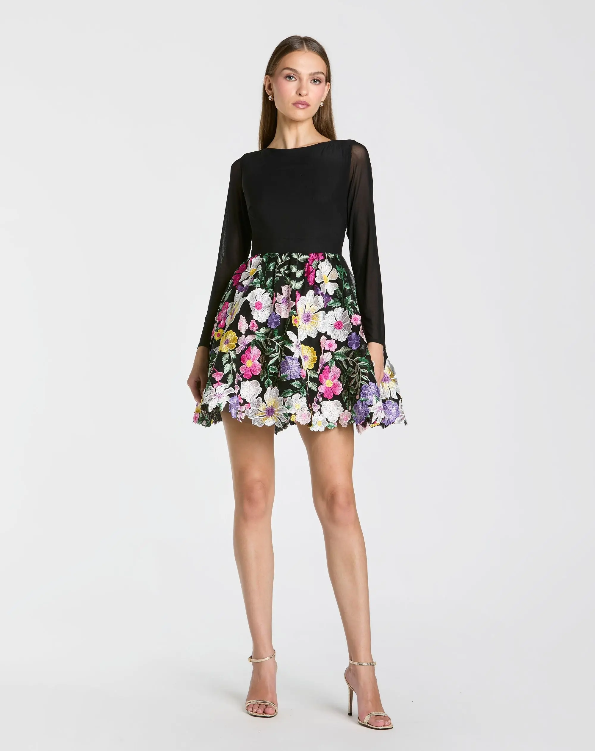 Black Long Sleeve Mini Dress With Floral Embroidery - Special Events Unlimited