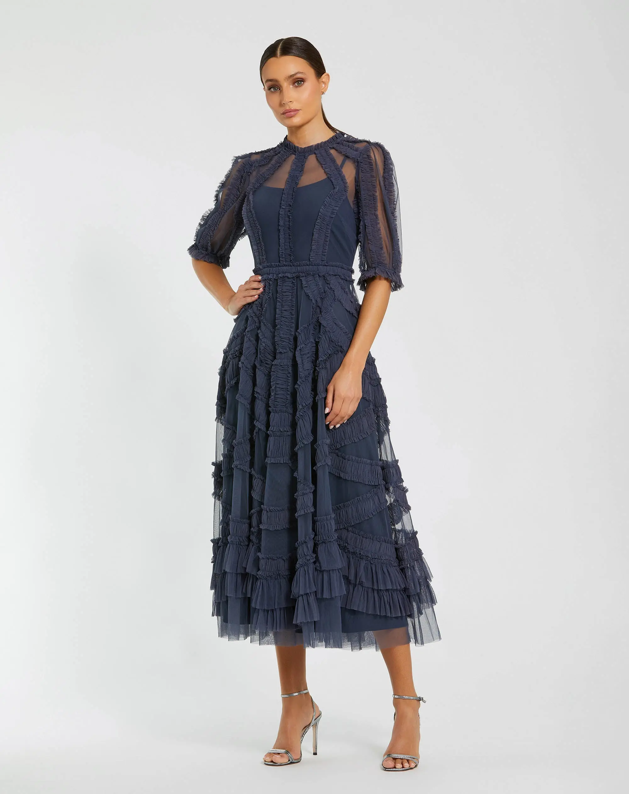 Petite Navy High Neck Ruffle Tiered A-Line Midi Dress - Special Events Unlimited