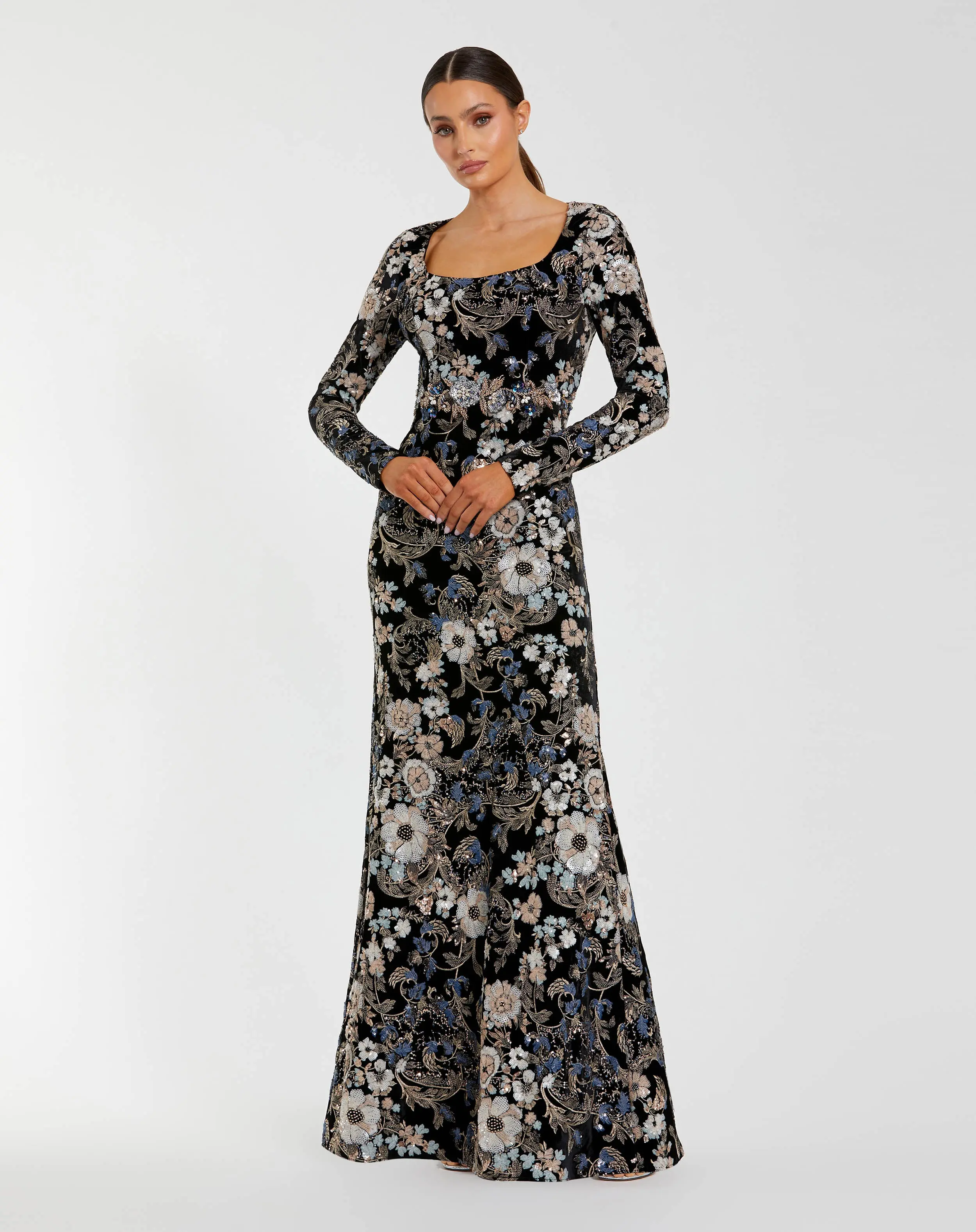Black Floral Embroidered Velvet Evening Gown - Special Events Unlimited
