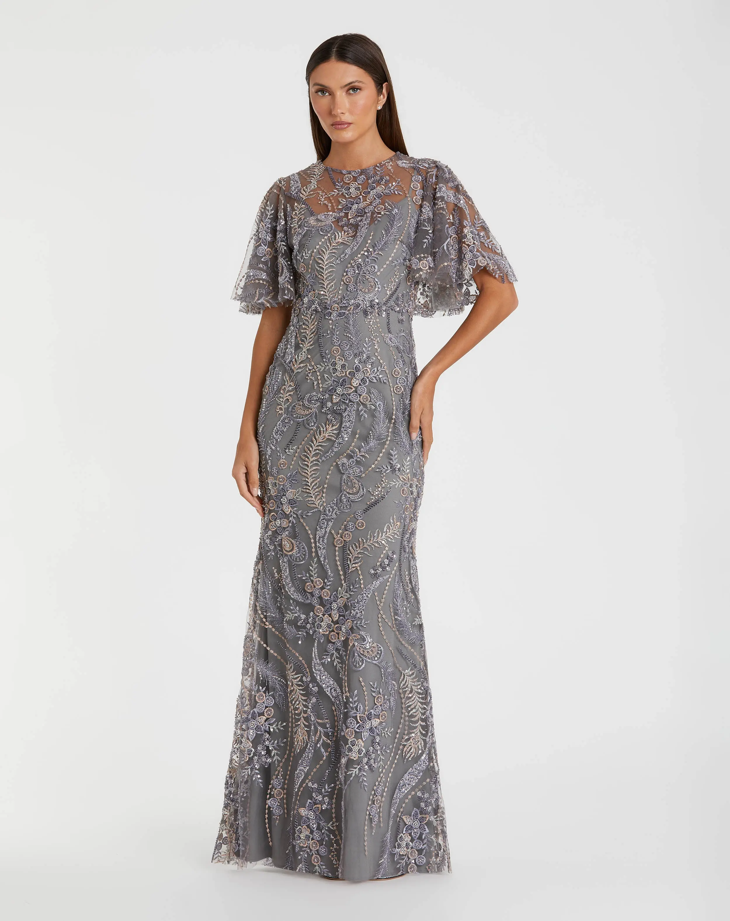 Gray High Neck Flutter Sleeve Embroidered Gown - Special Events Unlimited