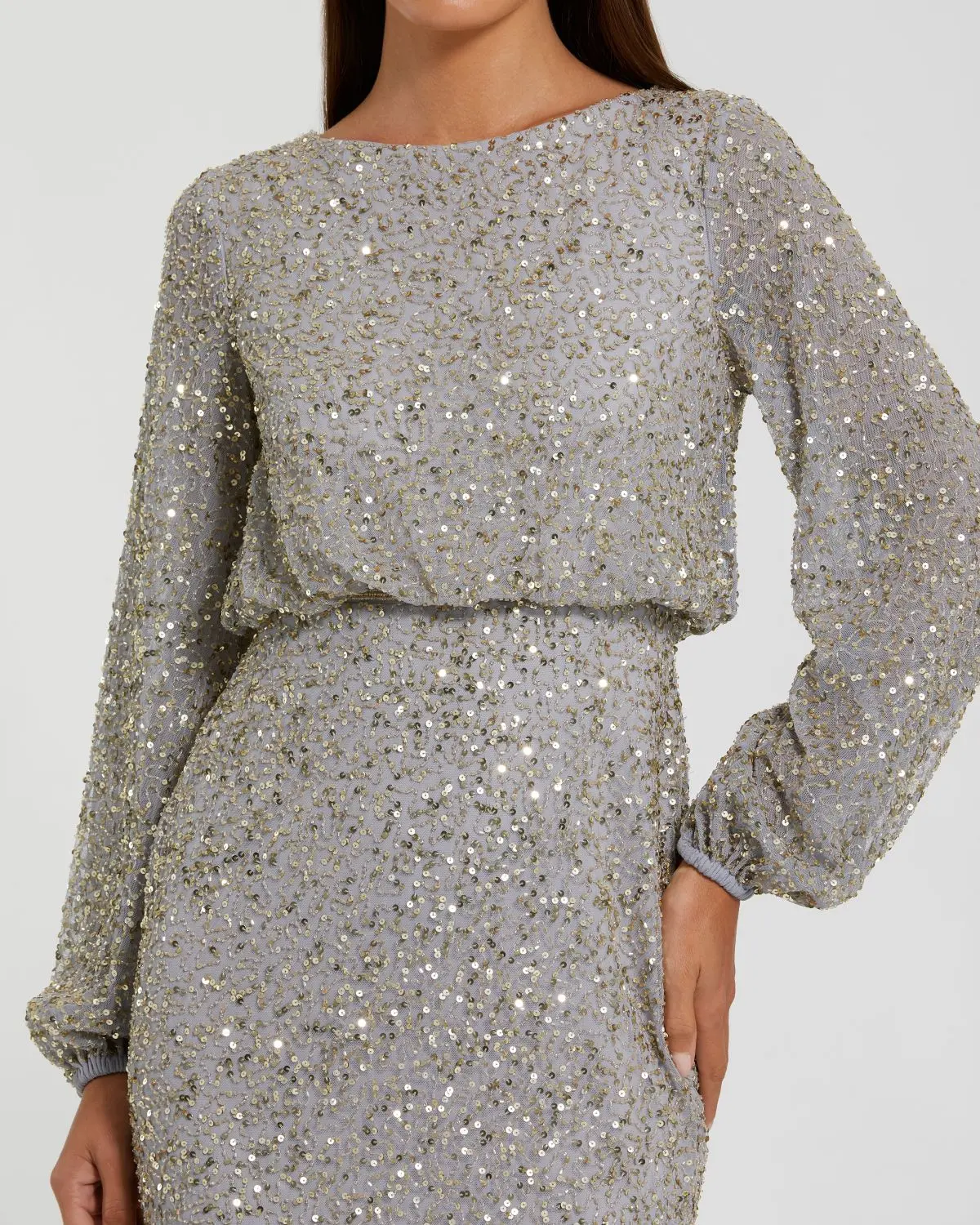 Silver Sequin Blouson Long Sleeve Gown - Special Events Unlimited
