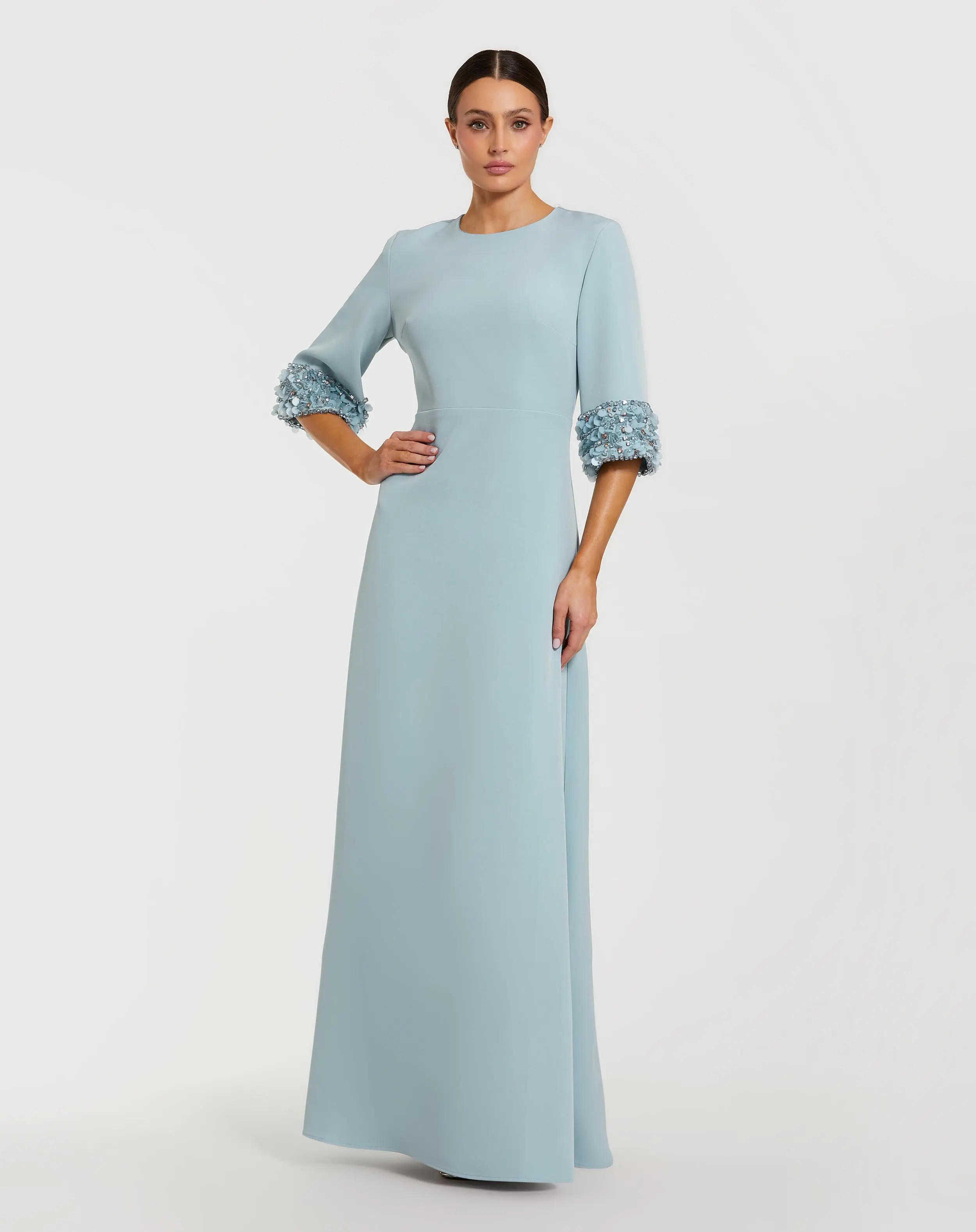 Blue A-Line Crepe Gown With Embellished 3/4 Sleeves - Special Events Unlimited