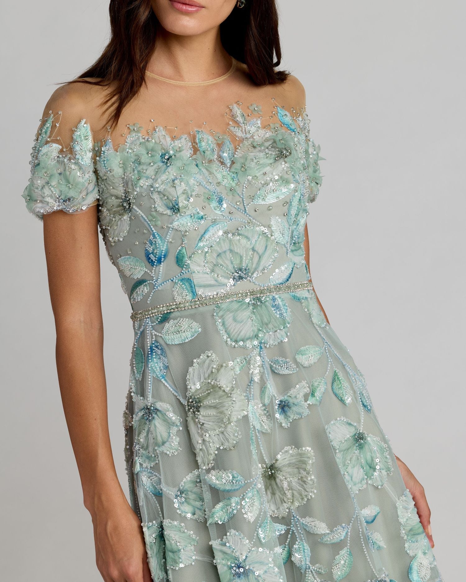 Green High Neck Cap Sleeve Embellished A-Line Gown - Special Events Unlimited