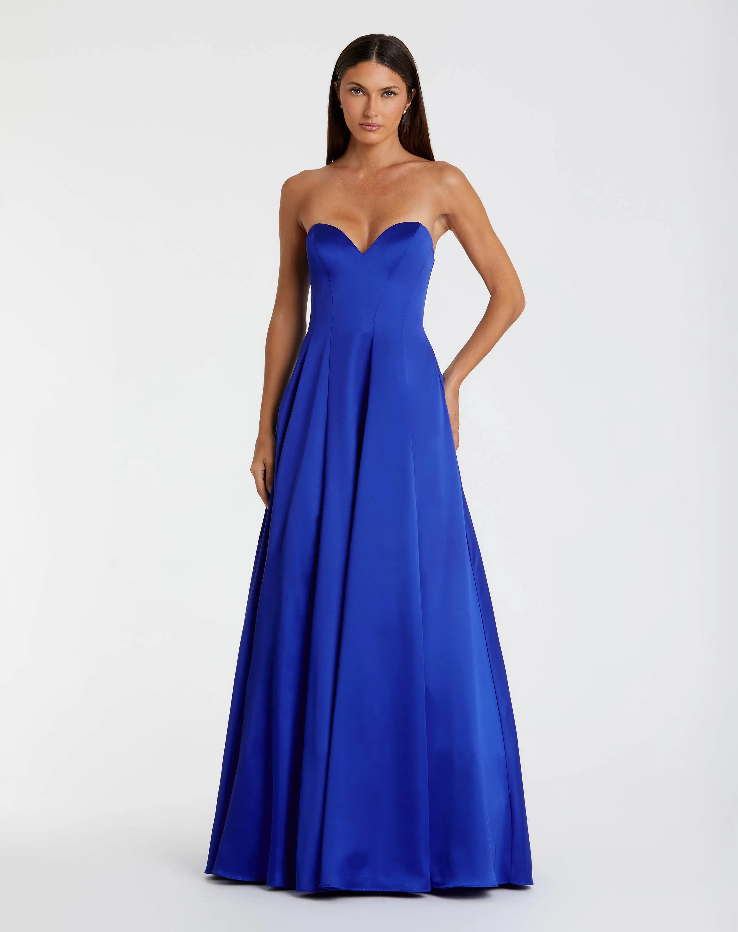 Blue Satin Strapless Ballgown With Bow Details - Special Events Unlimited