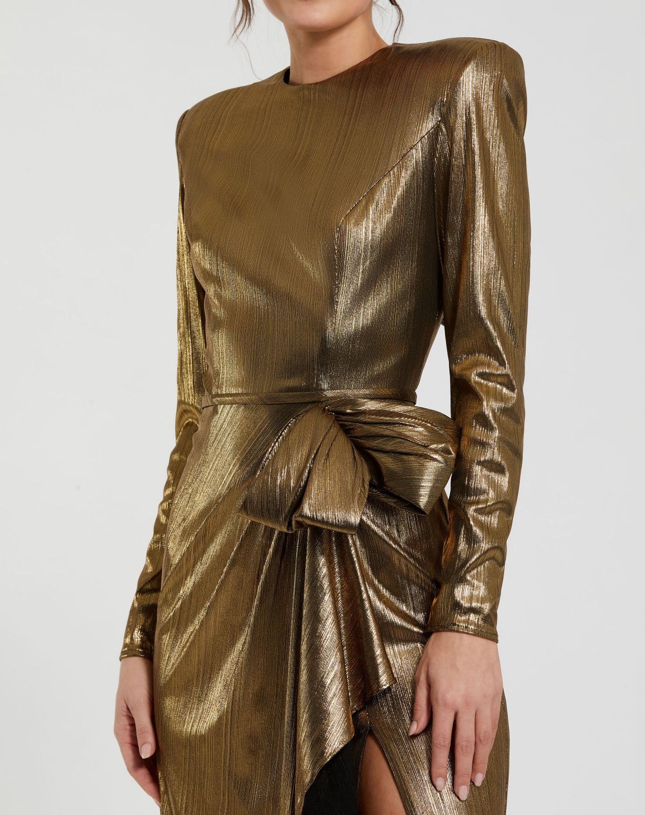 Petite Gold Metallic Long Sleeve Gown With Bow - Special Events Unlimited