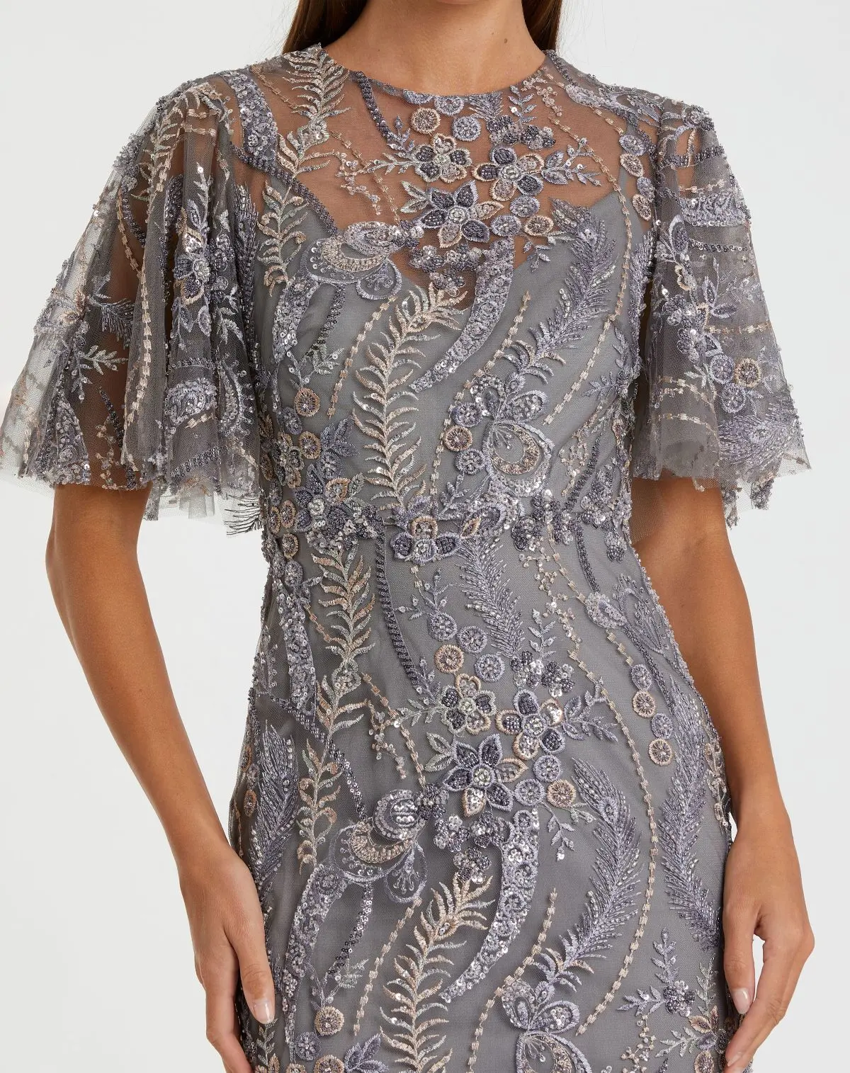 Gray High Neck Flutter Sleeve Embroidered Gown - Special Events Unlimited