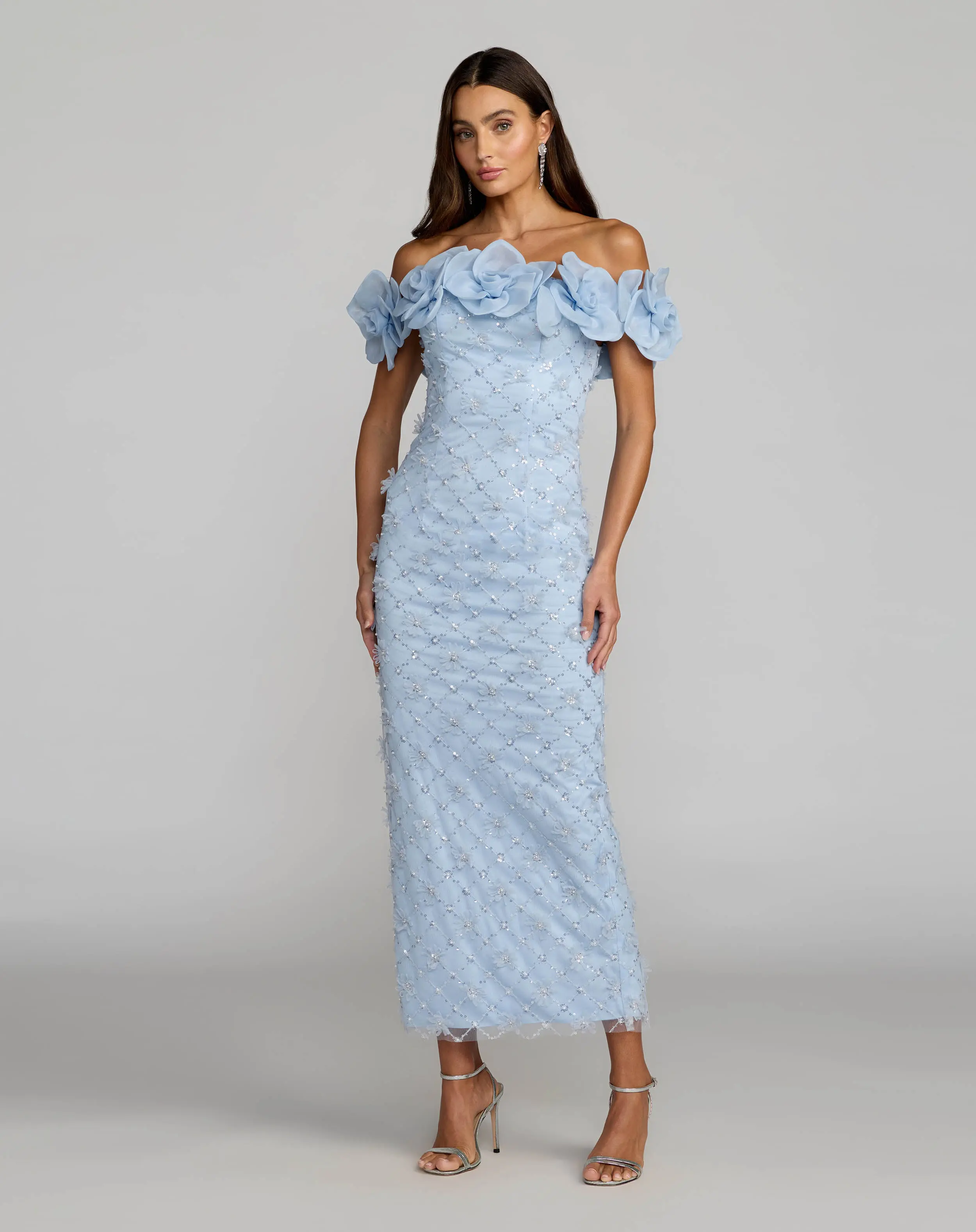 Blue Off The Shoulder Embellished Dress With 3D Flower Detail - Special Events Unlimited