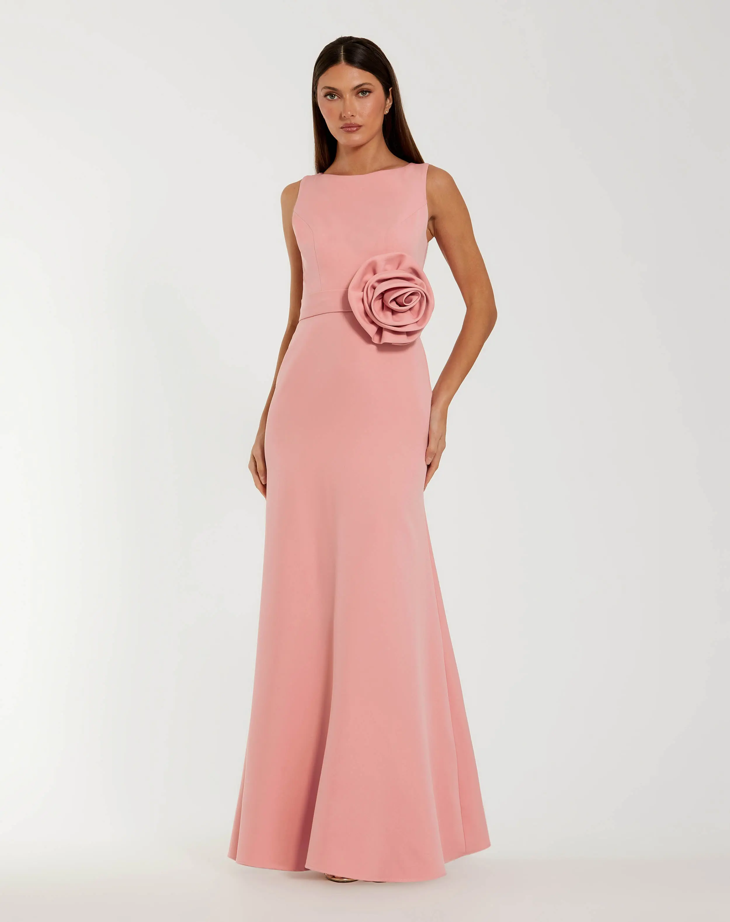 Pink Boat Neck Crepe A Line Gown With Flower - Special Events Unlimited