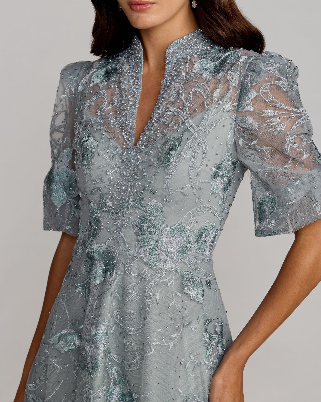 Blue Queen Anne Puff Sleeve Embroidered A-Line Gown - Special Events Unlimited