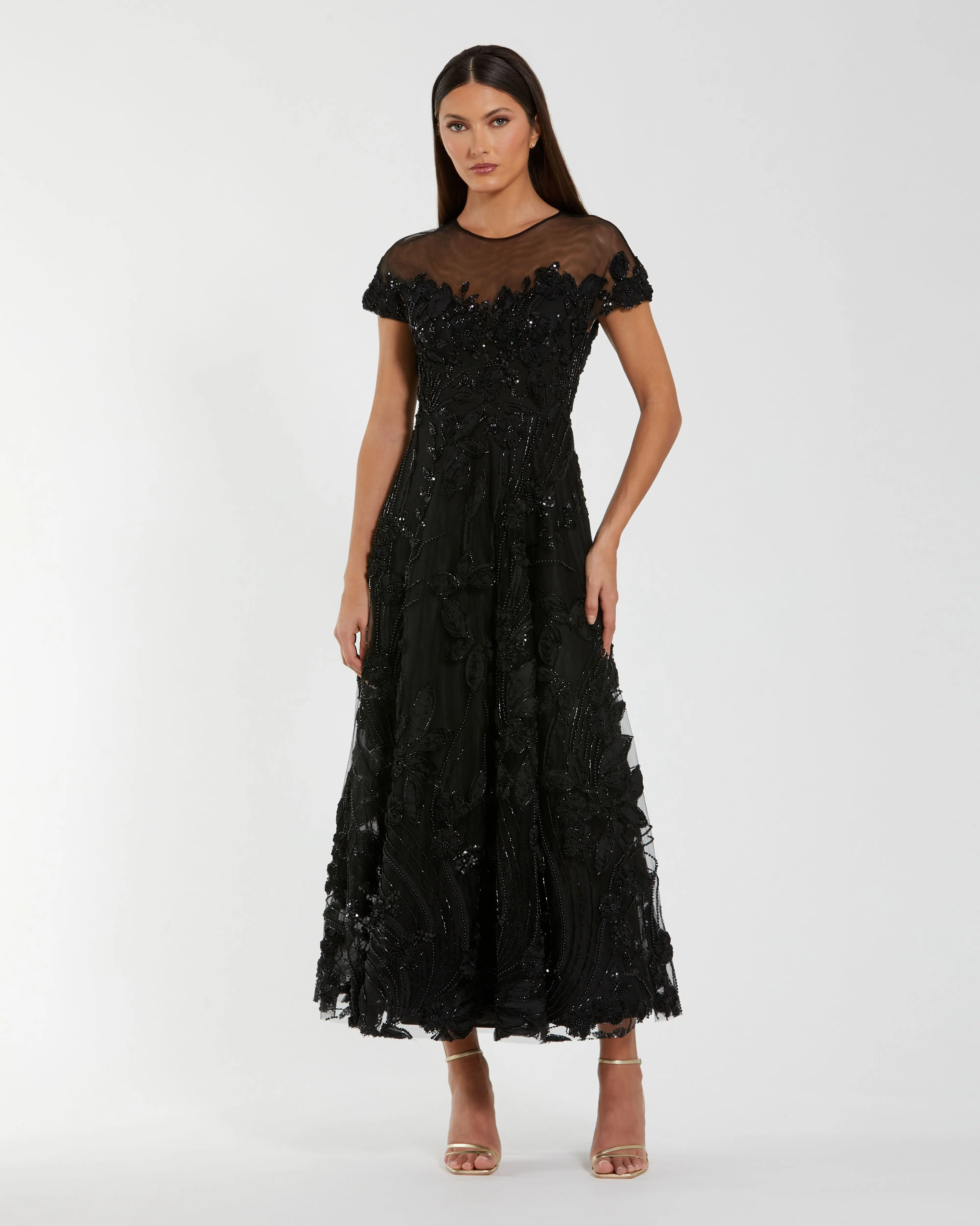 Black Embellished Lace Illusion Neck A-Line Cocktail Dress - Special Events Unlimited
