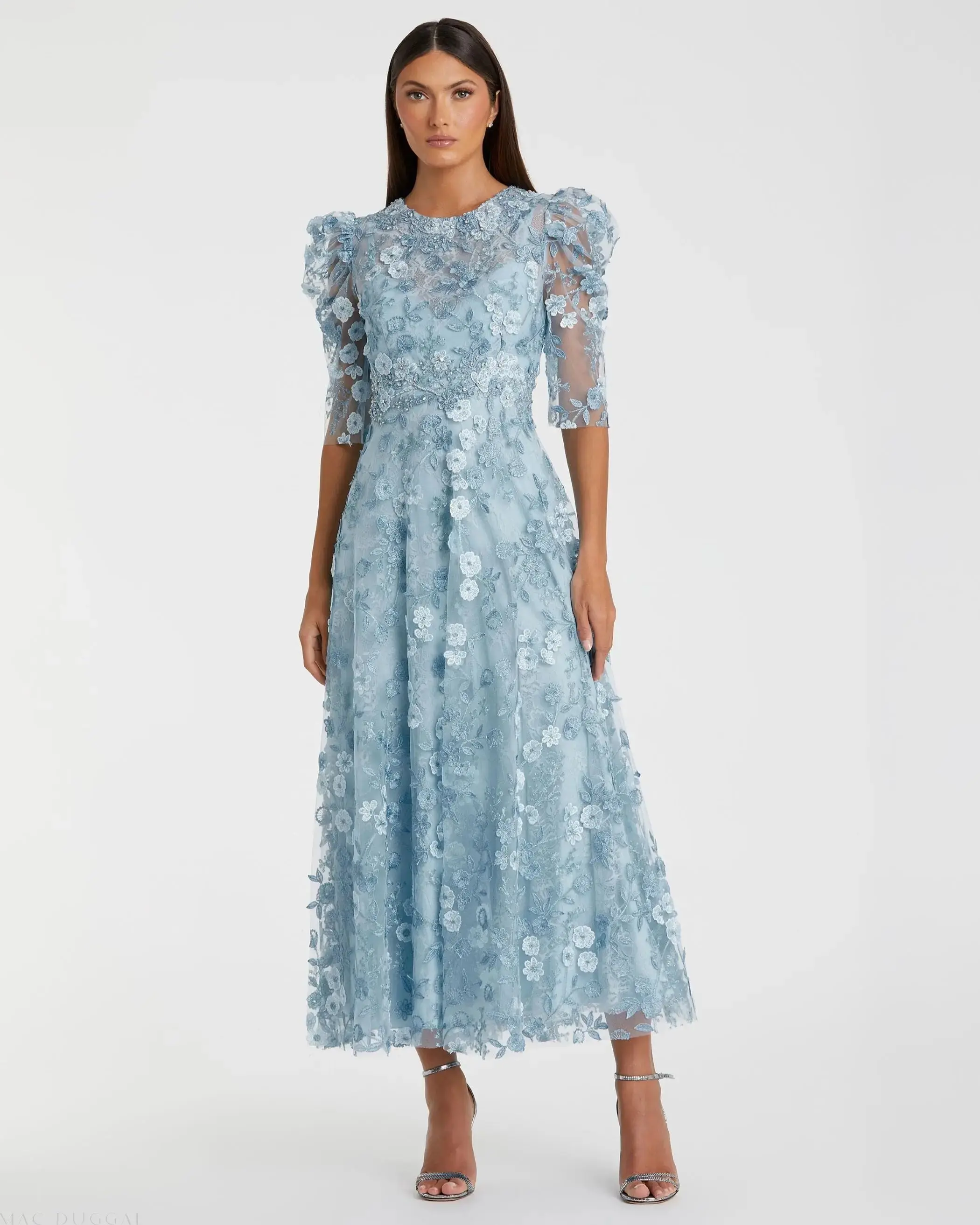 Blue Applique High Neck Puff Sleeve A Line Dress - Special Events Unlimited