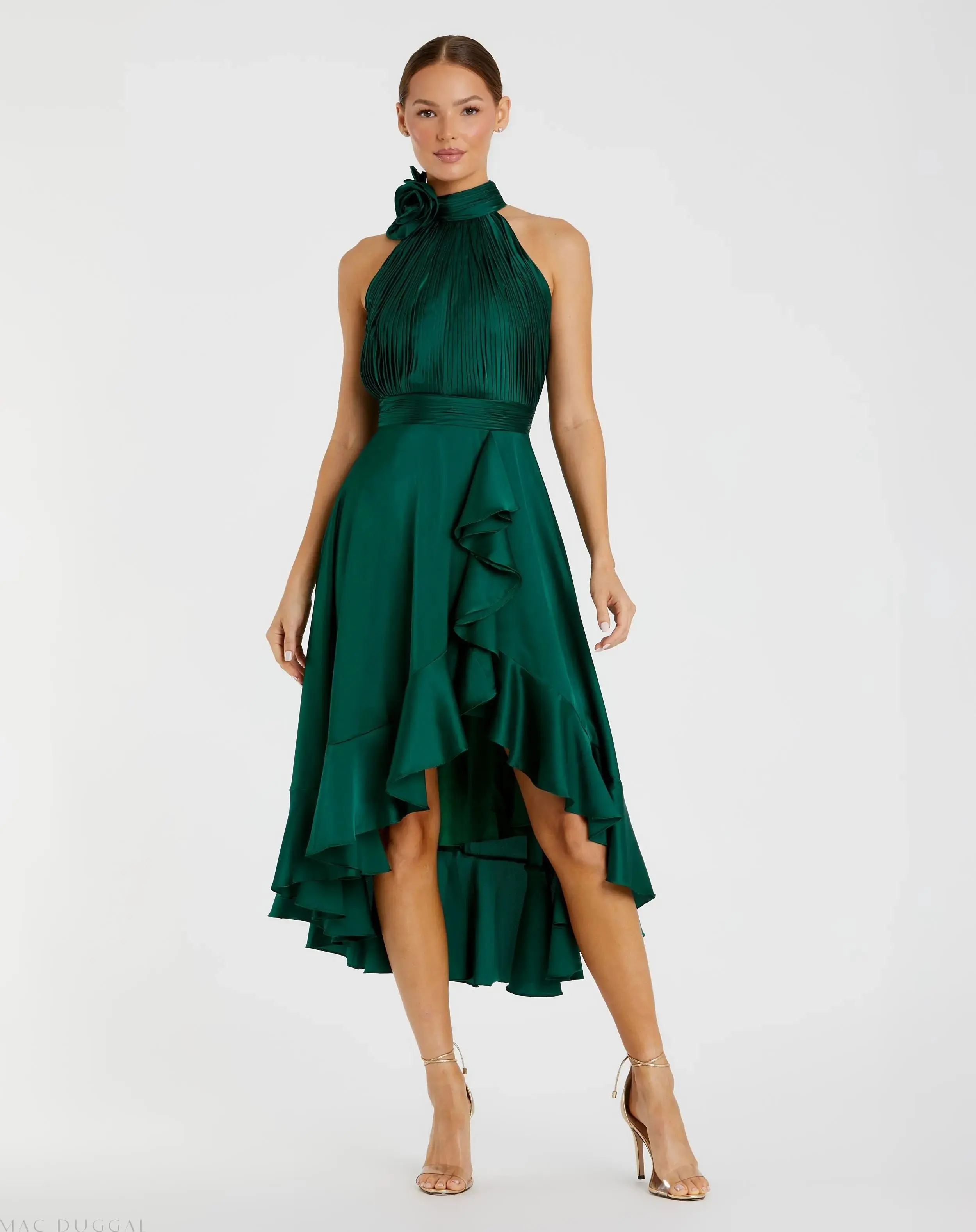 Green Halter Neck Flower Detail Ruffled Midi Dress - Special Events Unlimited