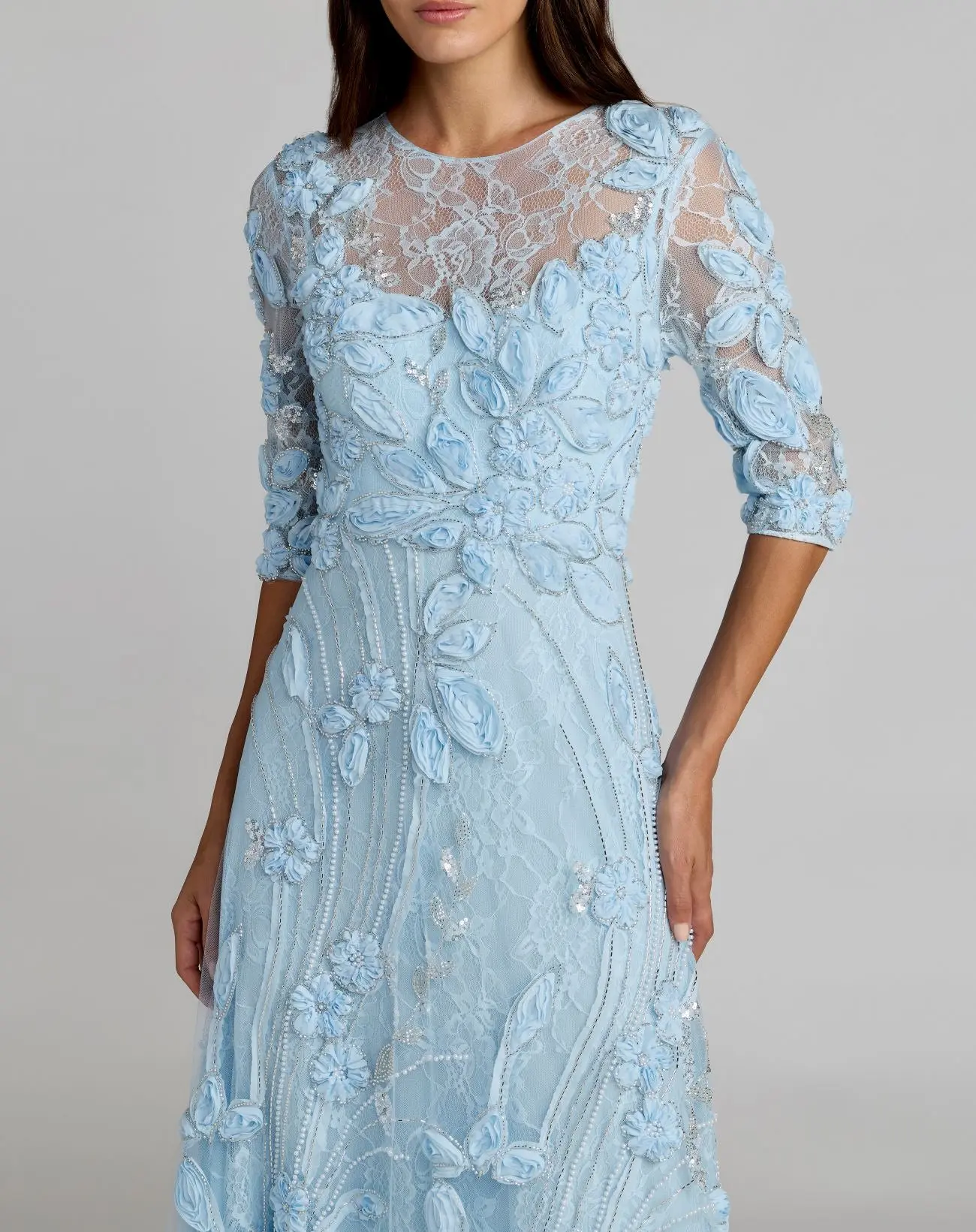 Blue High Neck Embellished Lace Gown with 3/4 Sleeves - Special Events Unlimited