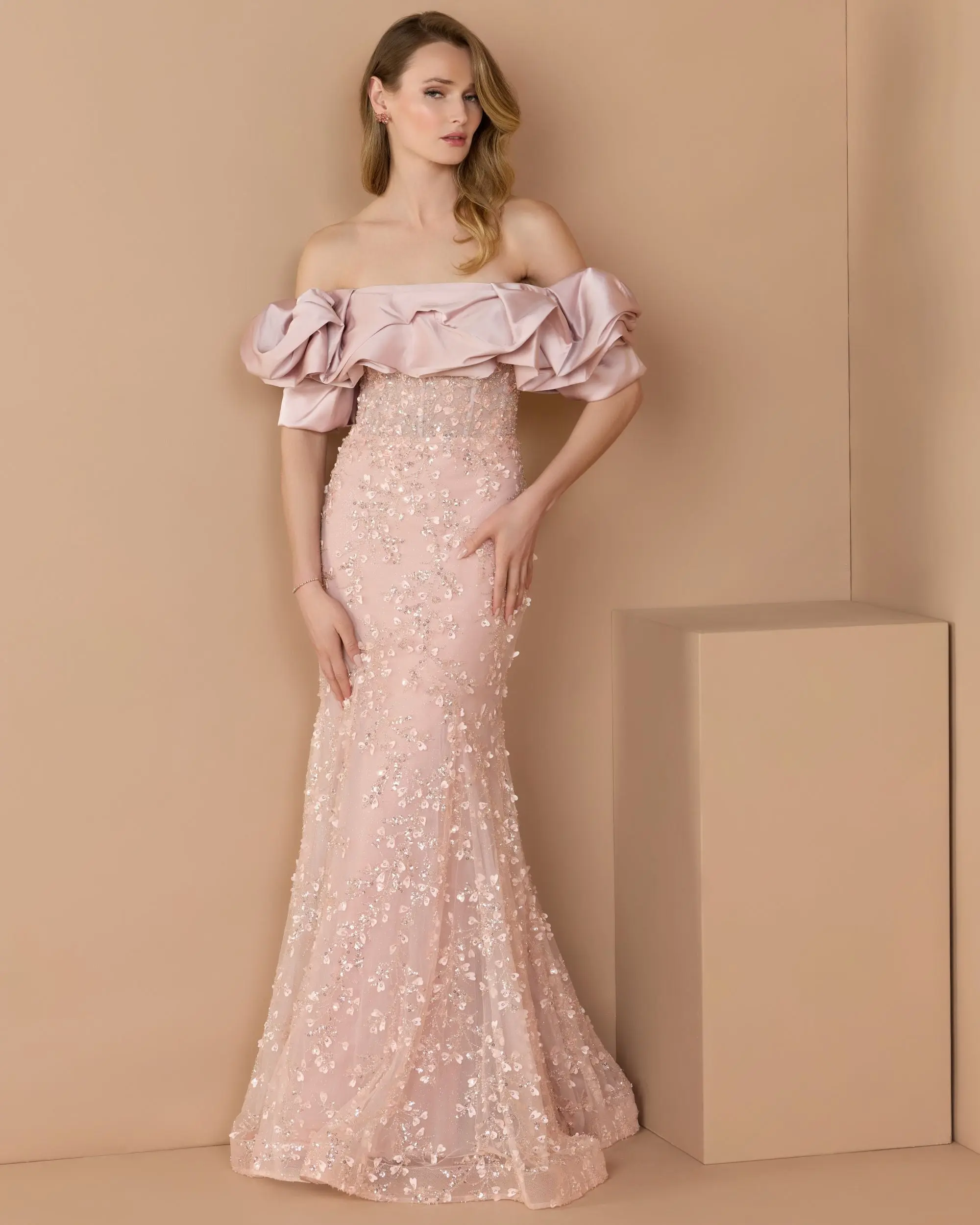 Pink Embellished Mermaid Gown With Off The Shoulder Ruffle - Special Events Unlimited