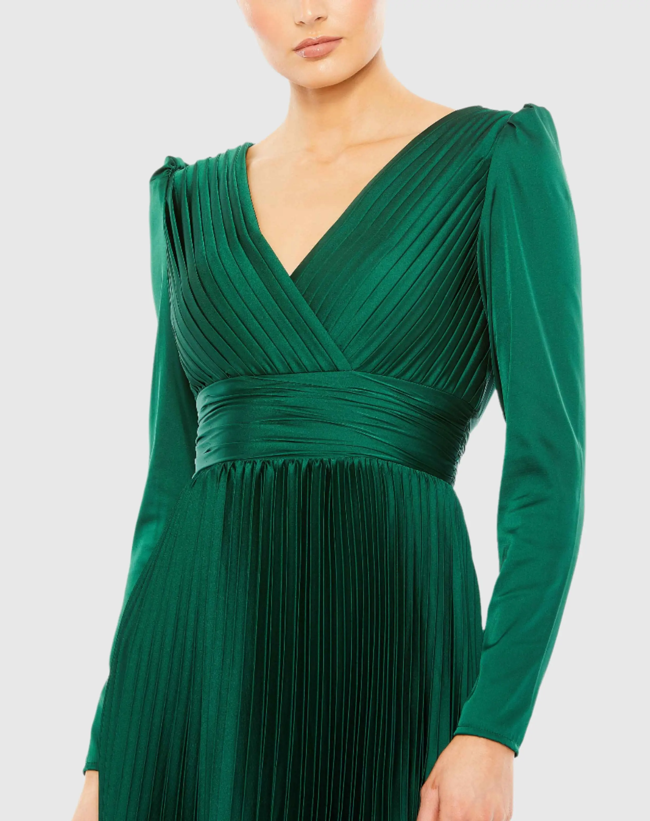 Green Pleated Long Sleeve V-Neck Gown - Special Events Unlimited