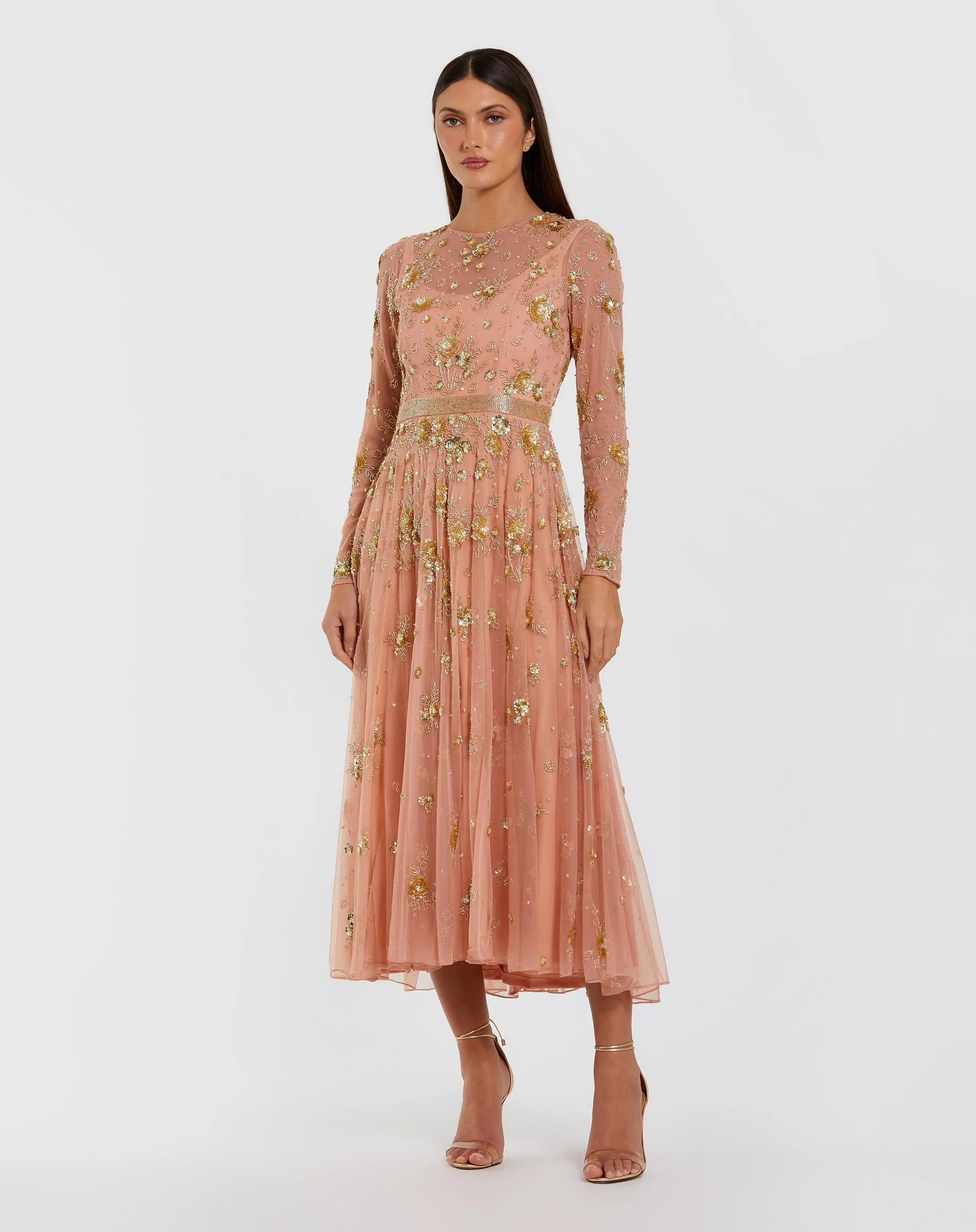 Beige Beaded Long Sleeve A Line Midi Dress - Special Events Unlimited