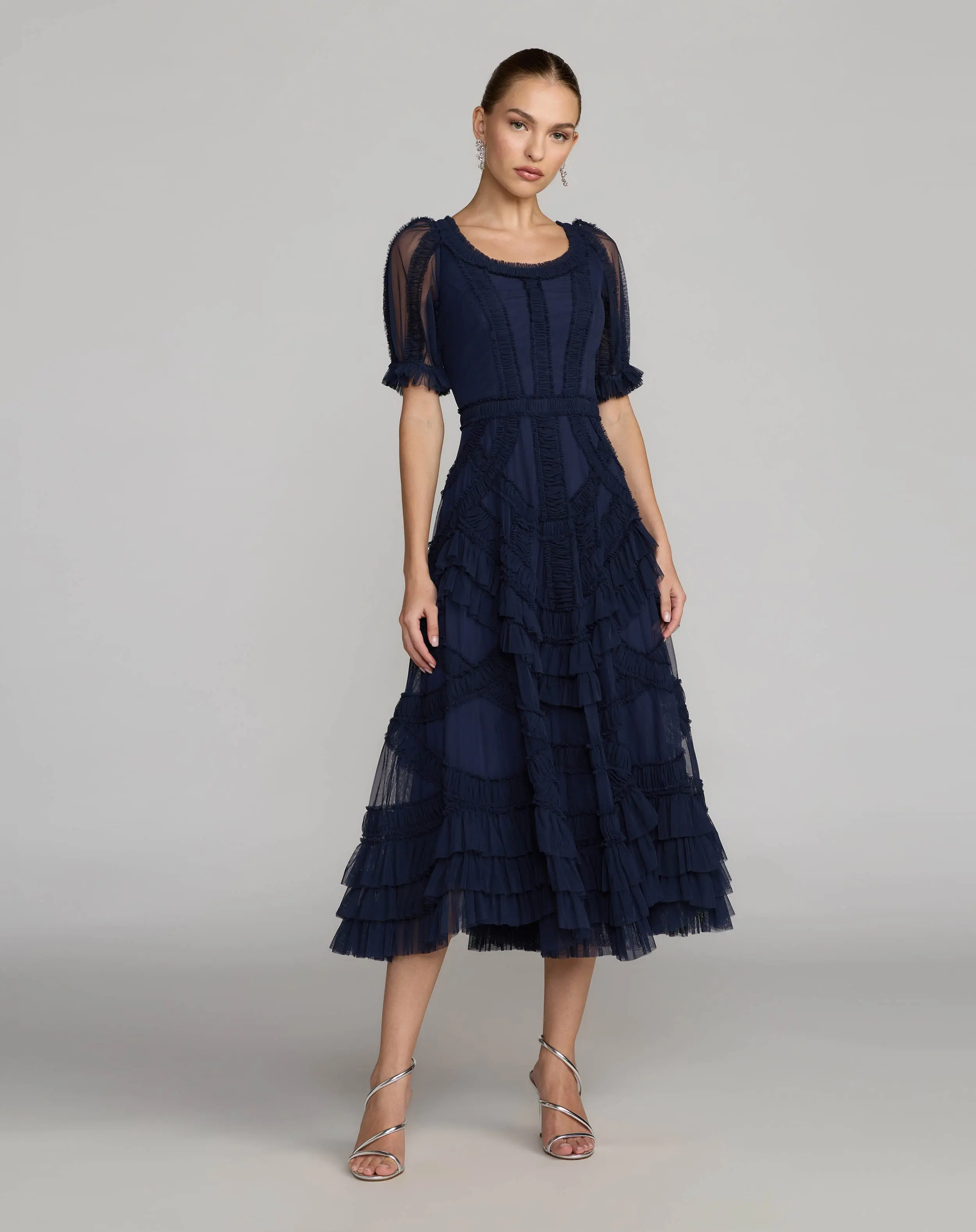 Navy Short Sleeve Micro Ruffle Midi Dress - Special Events Unlimited