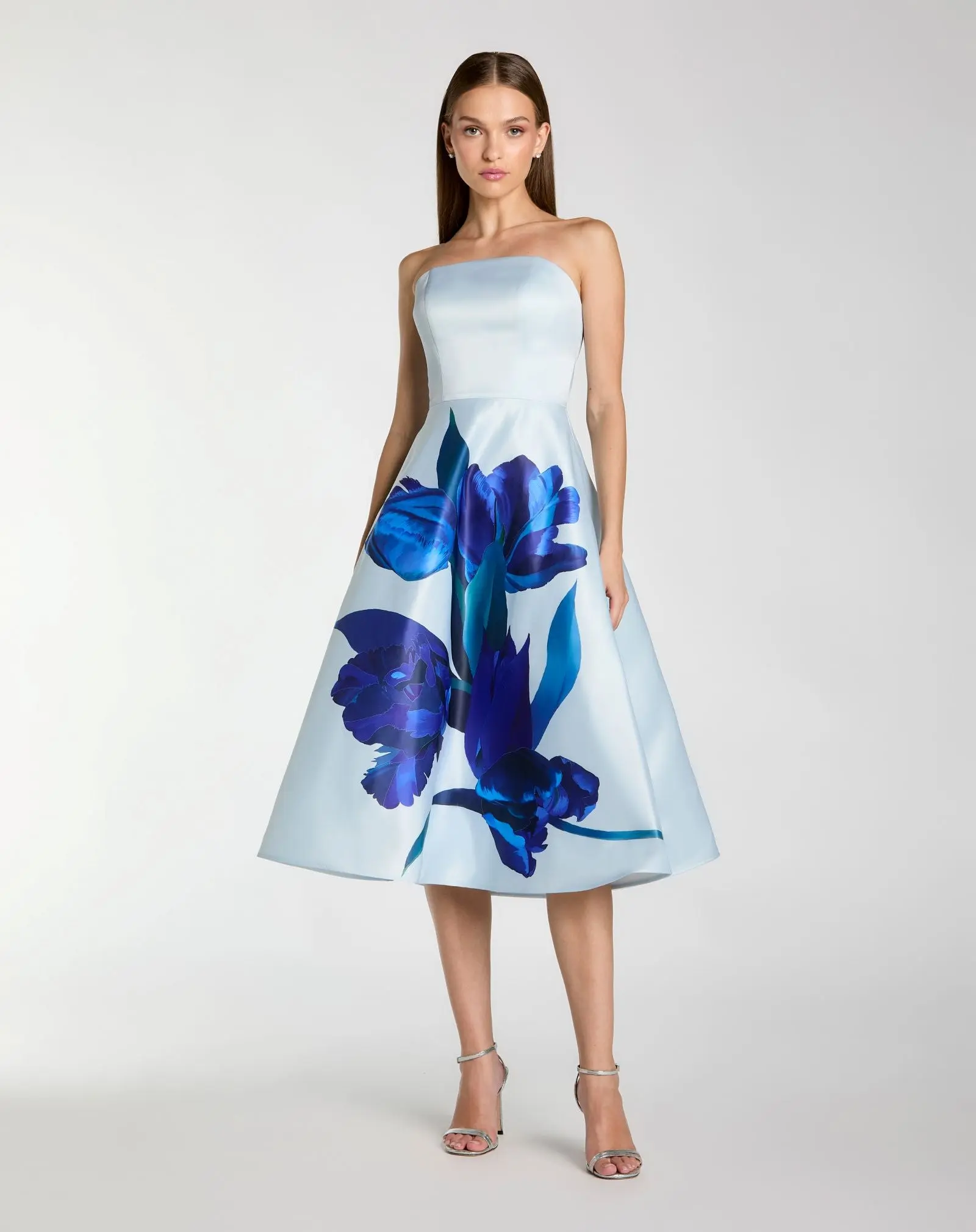 Blue Strapless Satin Midi Dress With Flower Print - Special Events Unlimited