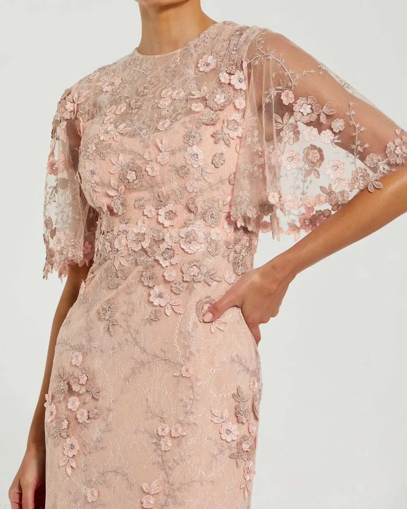 Petite Pink Flutter Sleeve Floral Embroidered Net Gown - Special Events Unlimited