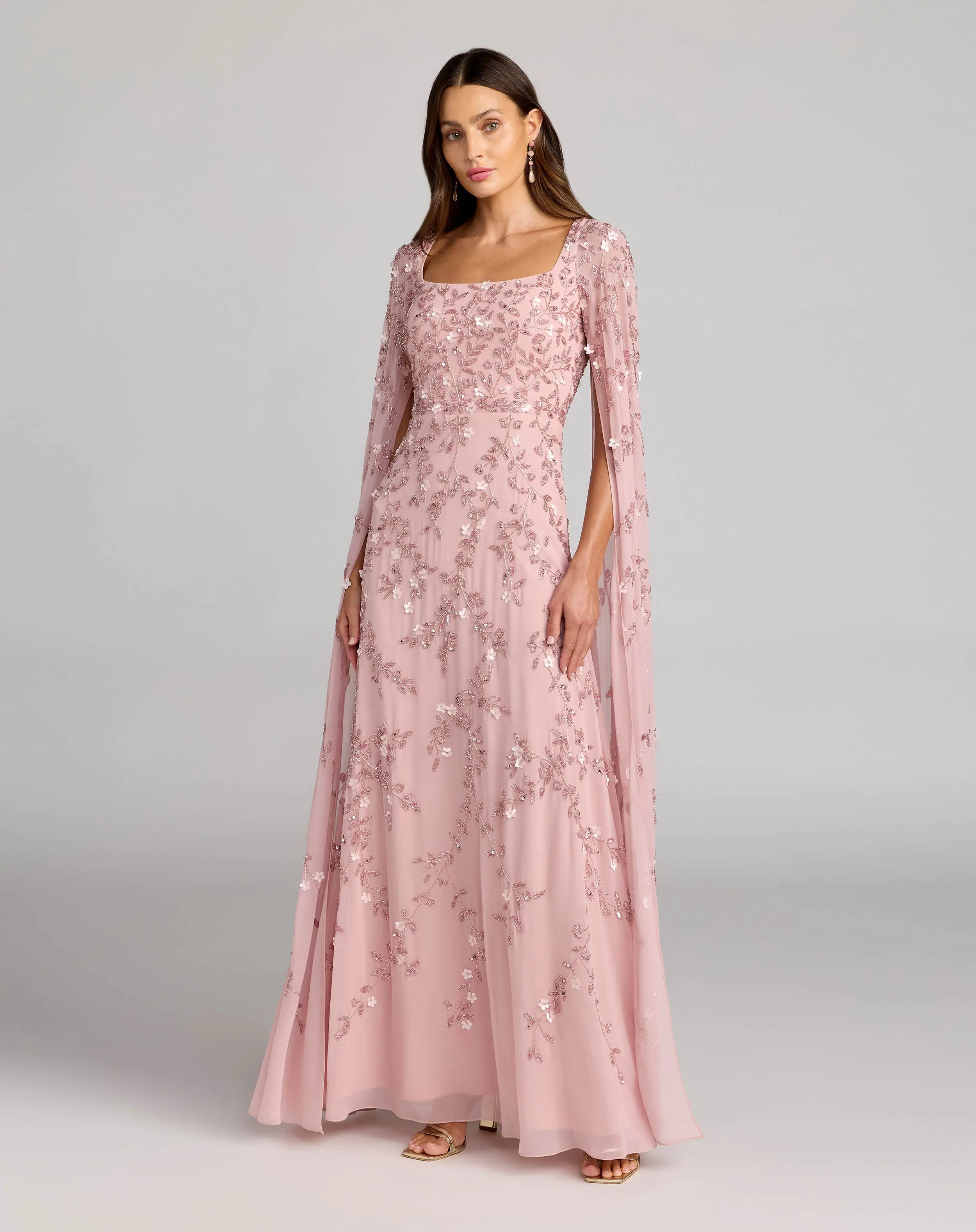 Petite Pink Beaded Square Neck Cape Sleeve Gown - Special Events Unlimited