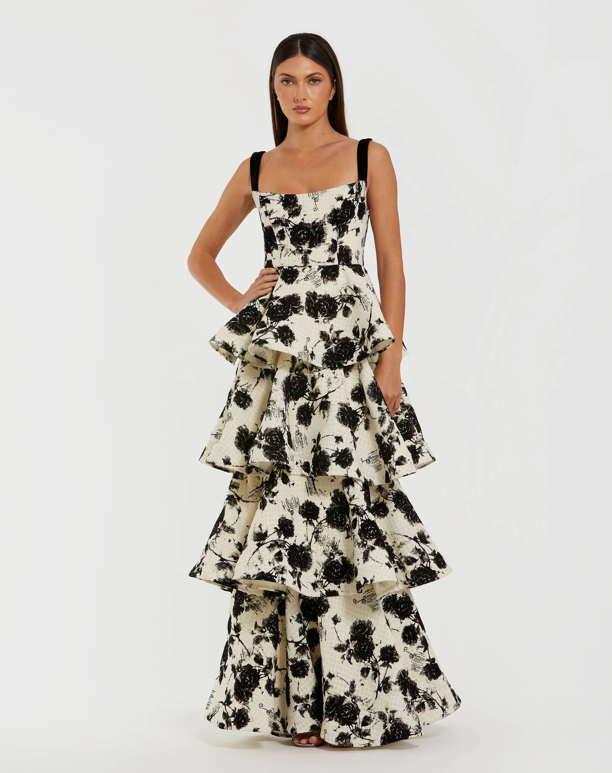 Black and White Floral Boucle Tiered Ruffle Gown - Special Events Unlimited