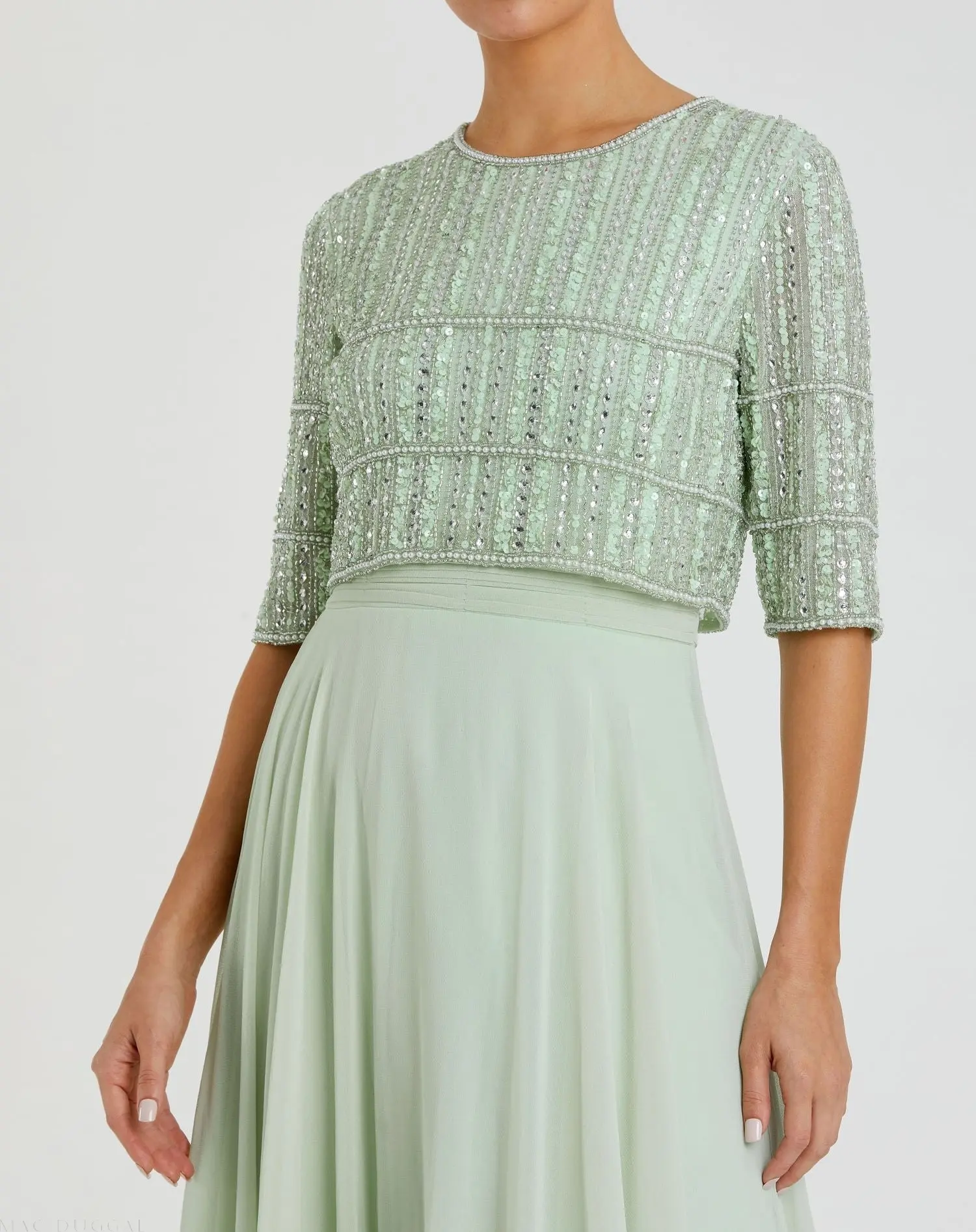 Green Chiffon Gown w/ Fully Beaded 3/4 Sleeve Top - Special Events Unlimited
