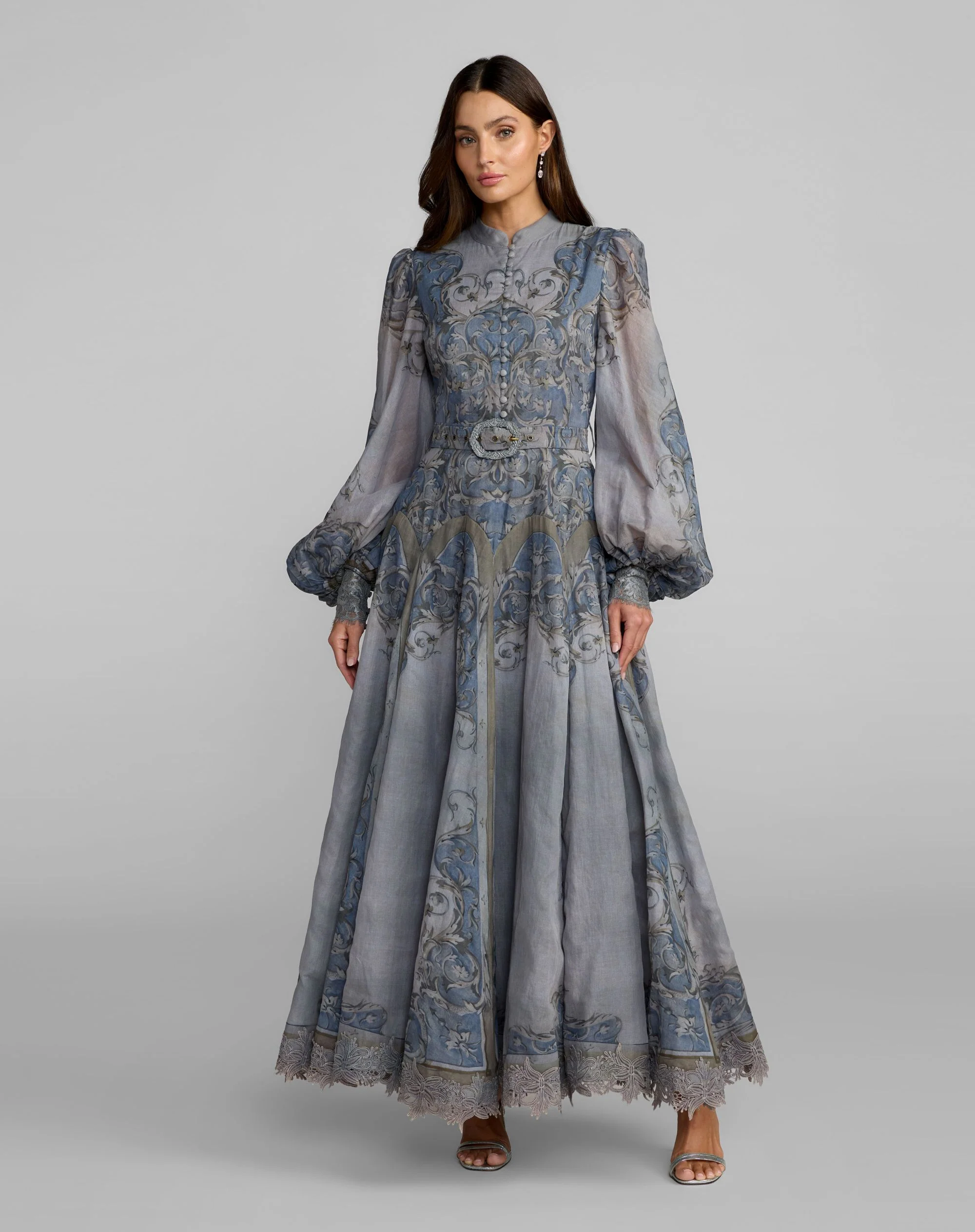 Gray Bishop Sleeve Printed Cotton A-Line Dress - Special Events Unlimited