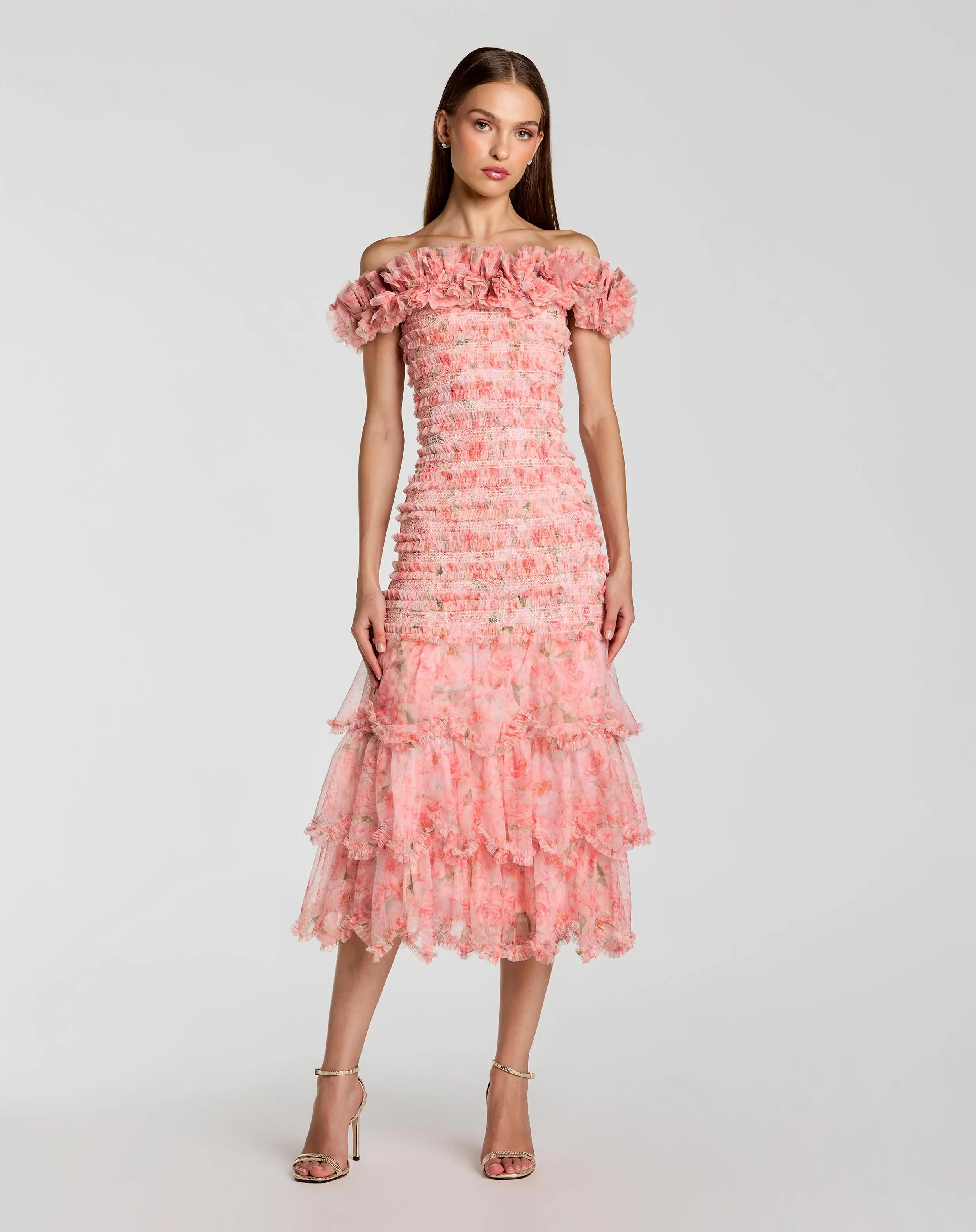 Pink Floral Off The Shoulder Ruffle Midi Dress - Special Events Unlimited