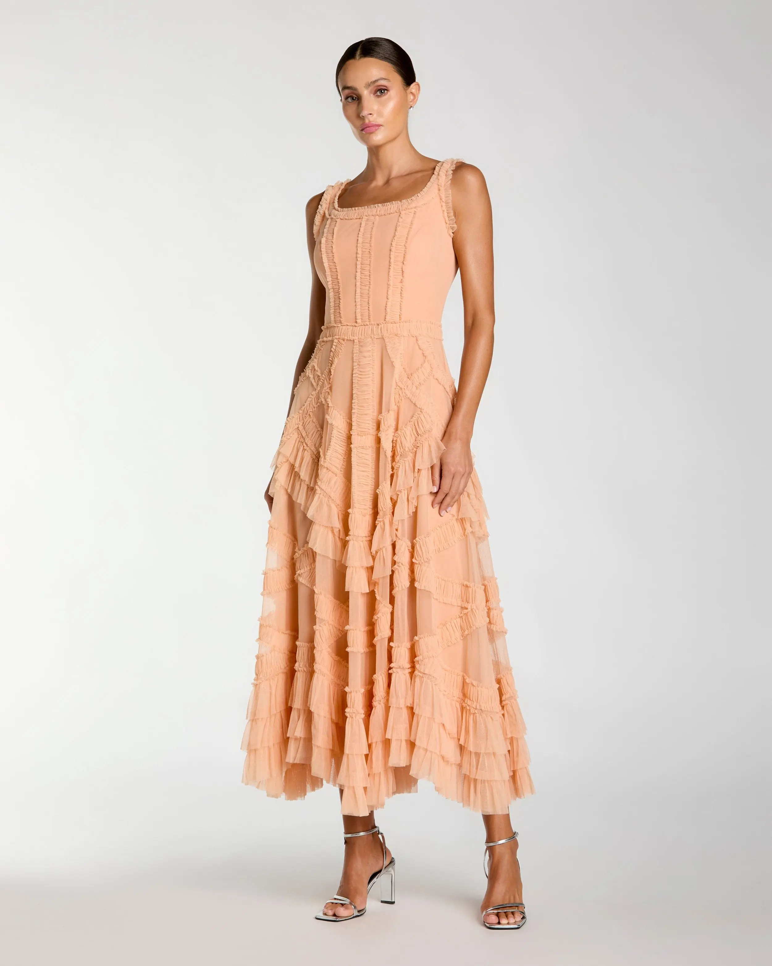Orange Scoop Neck Sleeveless Micro Ruffle Midi Dress - Special Events Unlimited