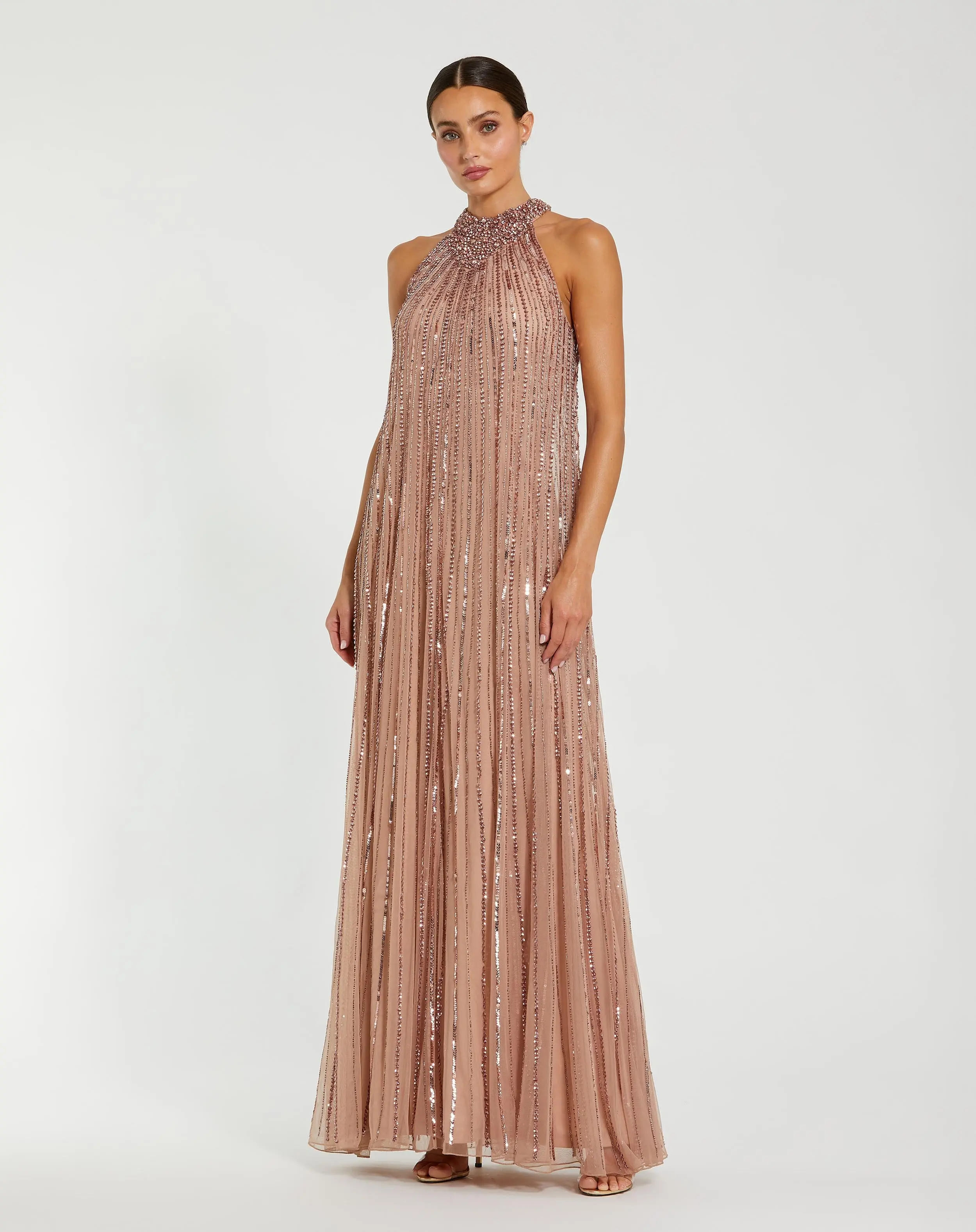 Pink Sleeveless Halter Neck Embellished Trapeze Gown - Special Events Unlimited