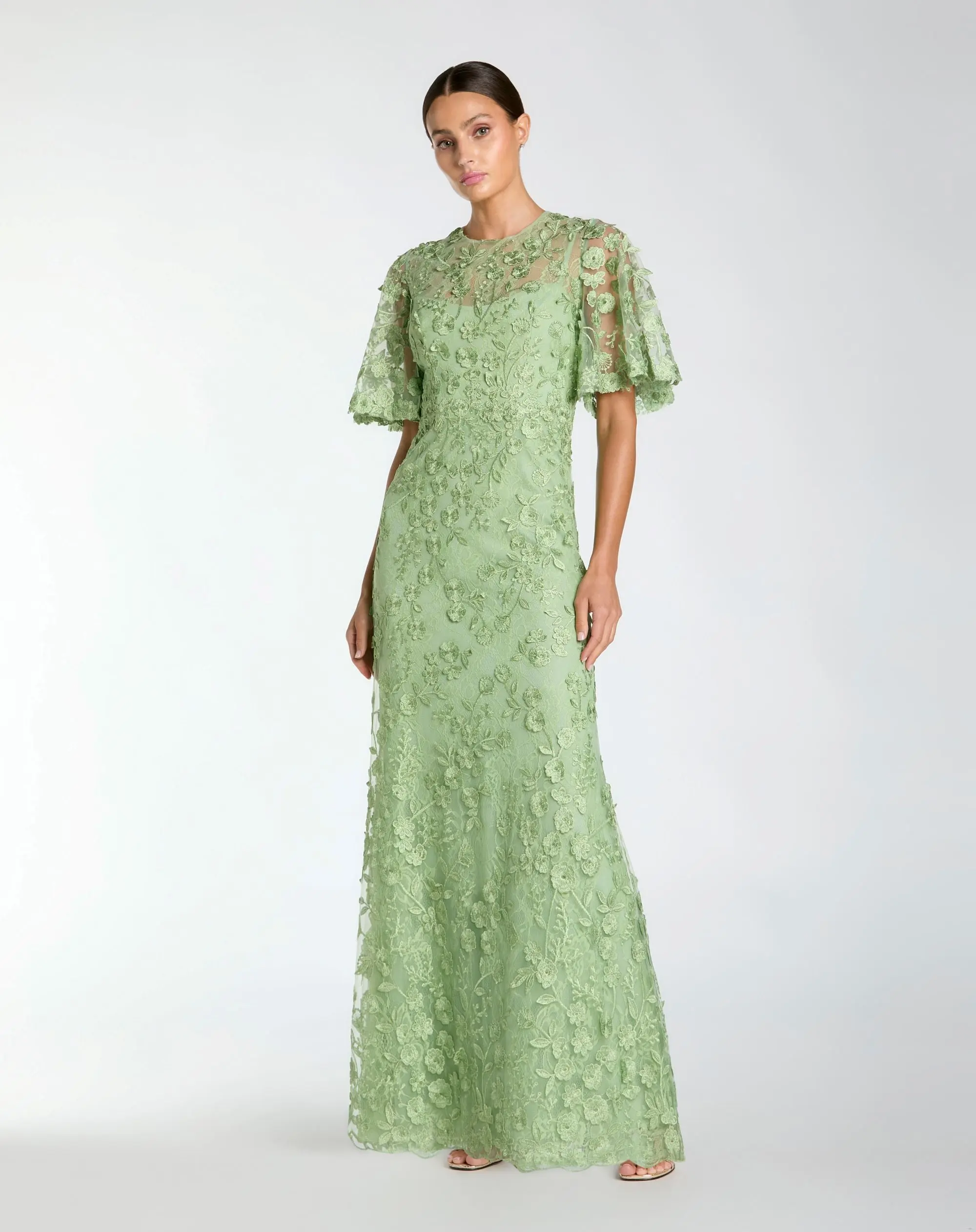 Sage Green Flutter Sleeve Floral Embroidered Net Gown - Special Events Unlimited