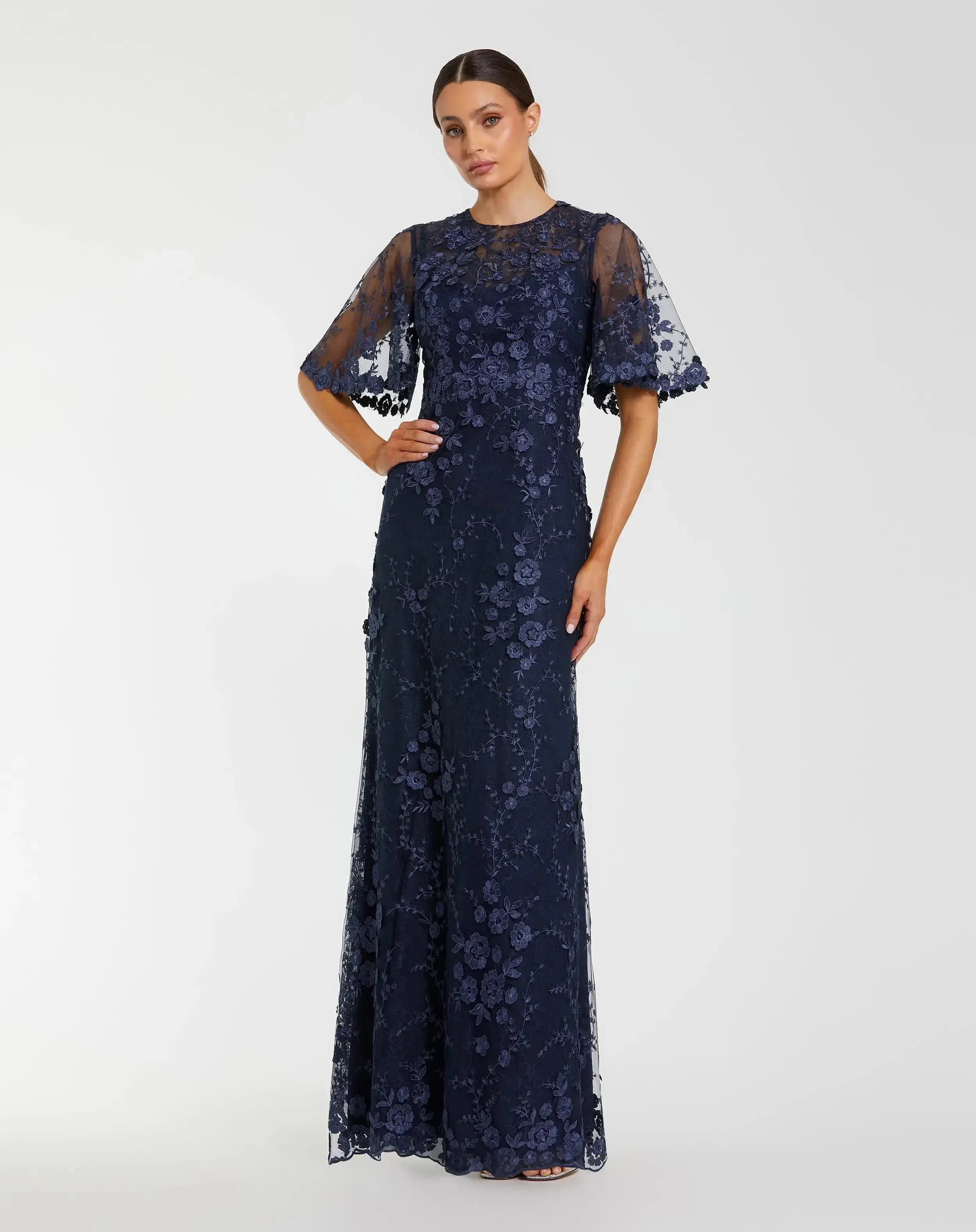 Navy Flutter Sleeve Floral Embroidered Net Gown - Special Events Unlimited