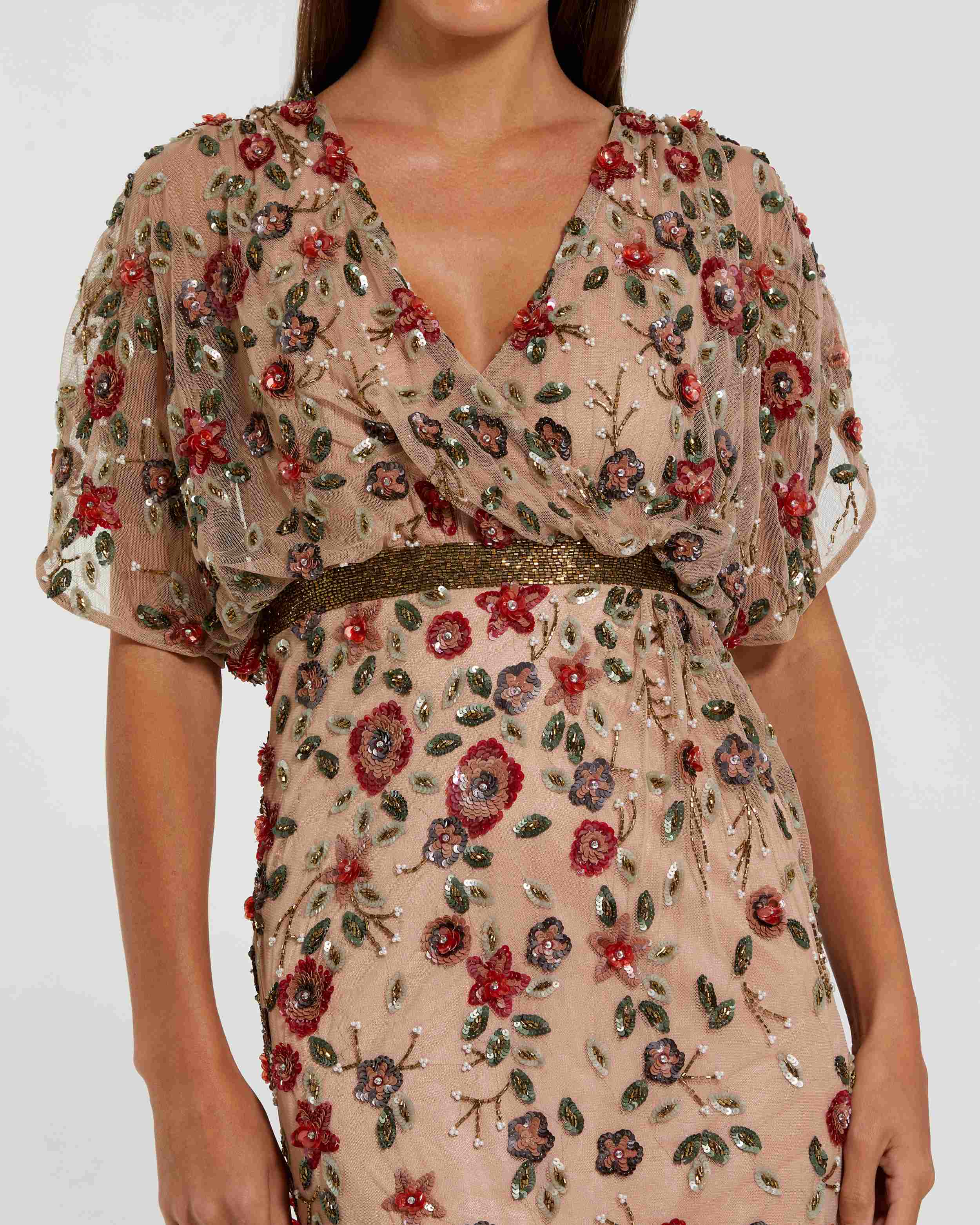 Beige Floral Embellished Short Sleeve Blouson Gown - Special Events Unlimited