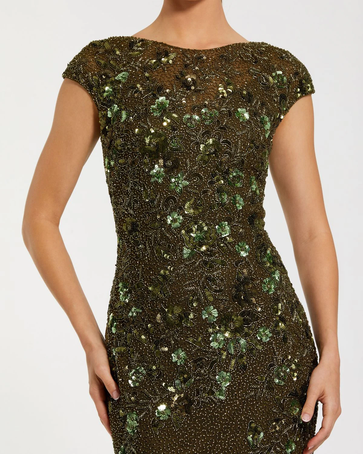Green Floral Embellished Cap Sleeve Column Gown - Special Events Unlimited
