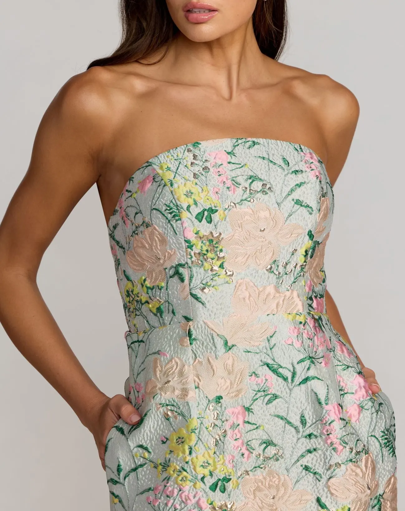Multicolor Strapless Brocade Midi Dress With Pockets - Special Events Unlimited