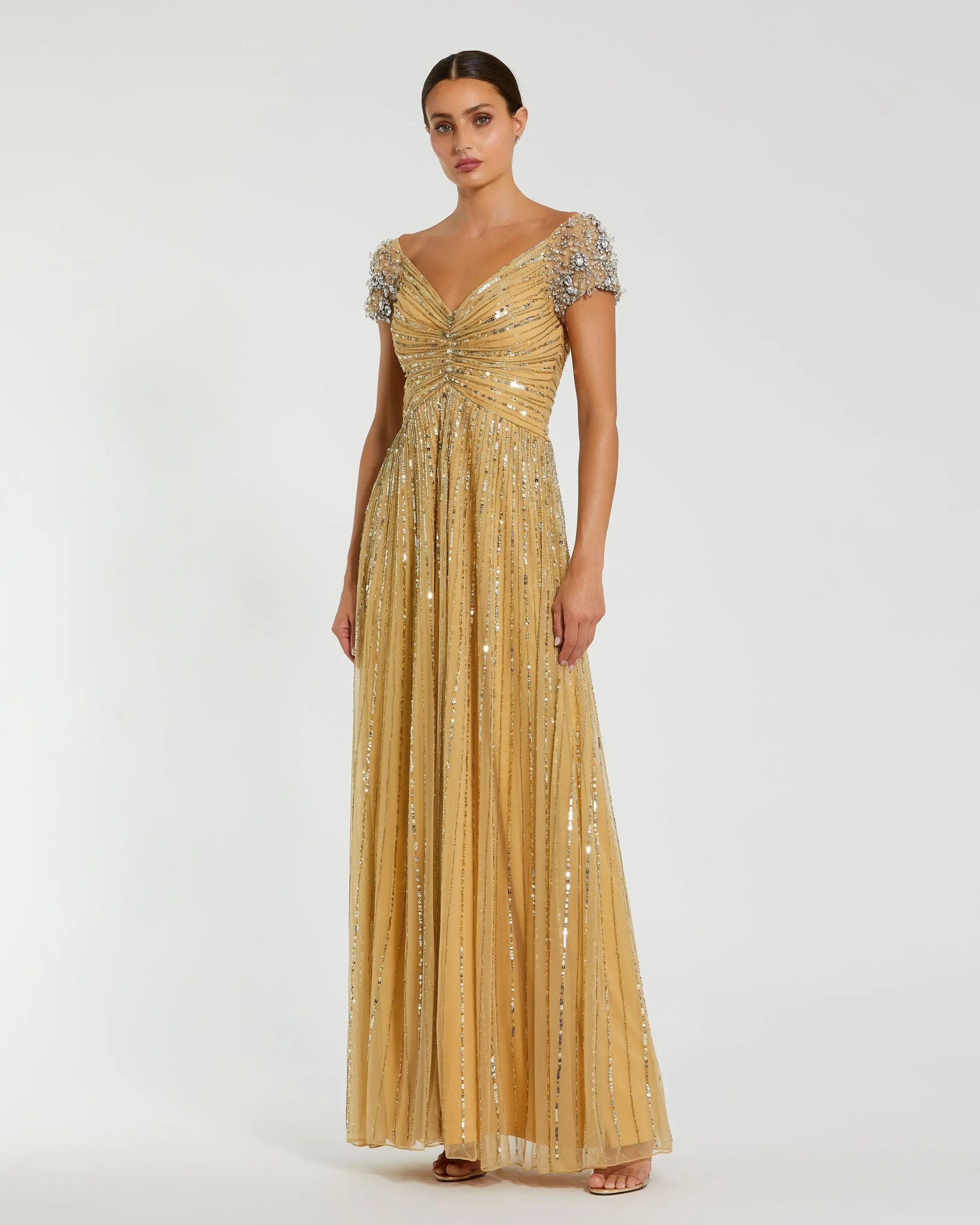 Gold Sequined Evening Gown With Embellished Shoulders - Special Events Unlimited