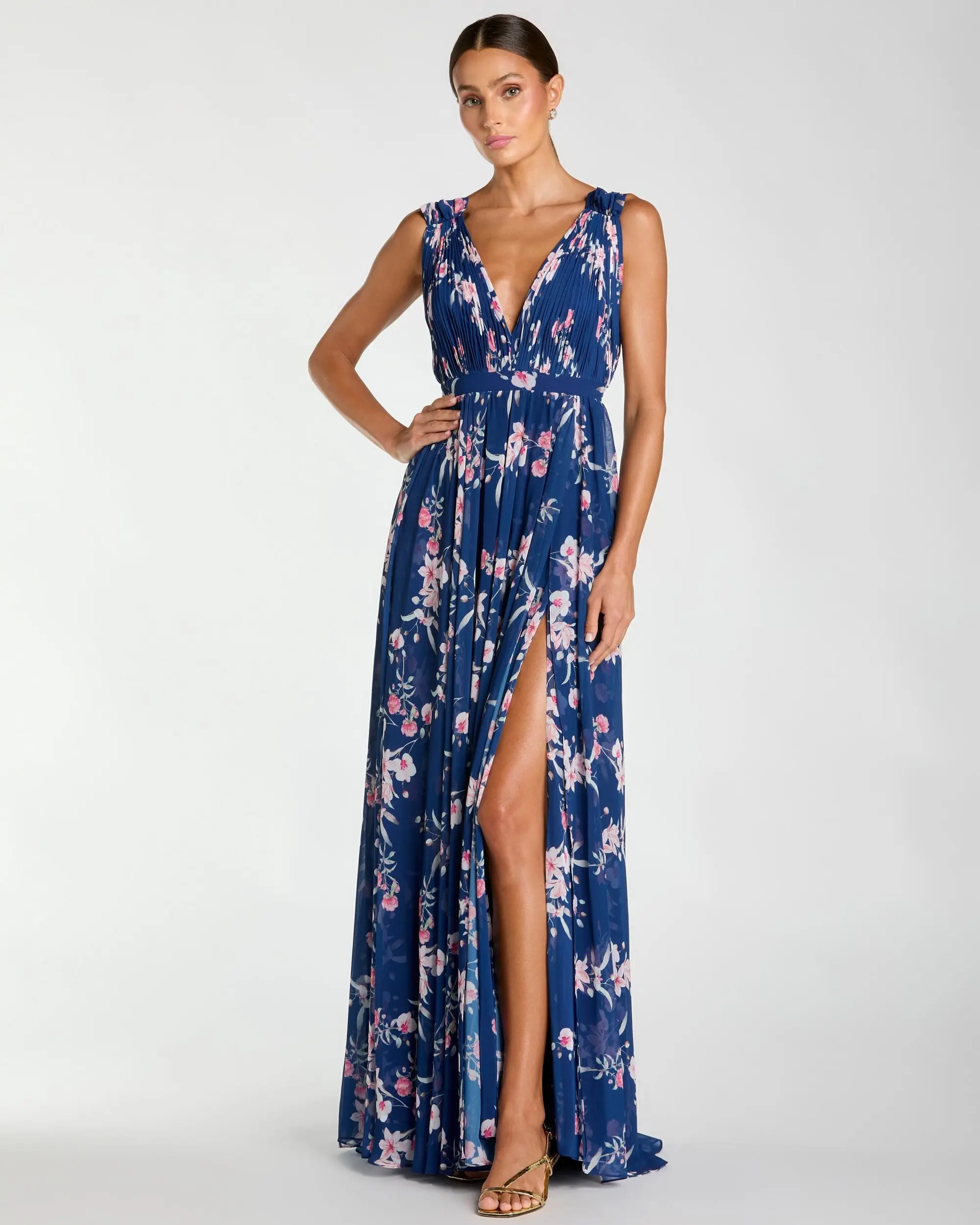 Dark Blue Sleeveless Pleated Floral Print Chiffon V-Neck Gown - Special Events Unlimited
