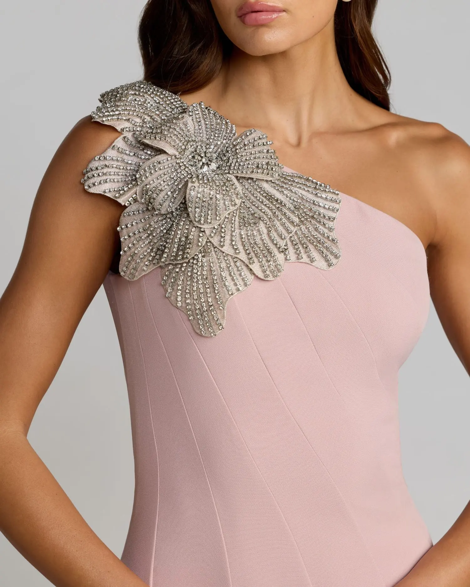 Pink Crepe One Shoulder Gown With Crystal Flower - Special Events Unlimited