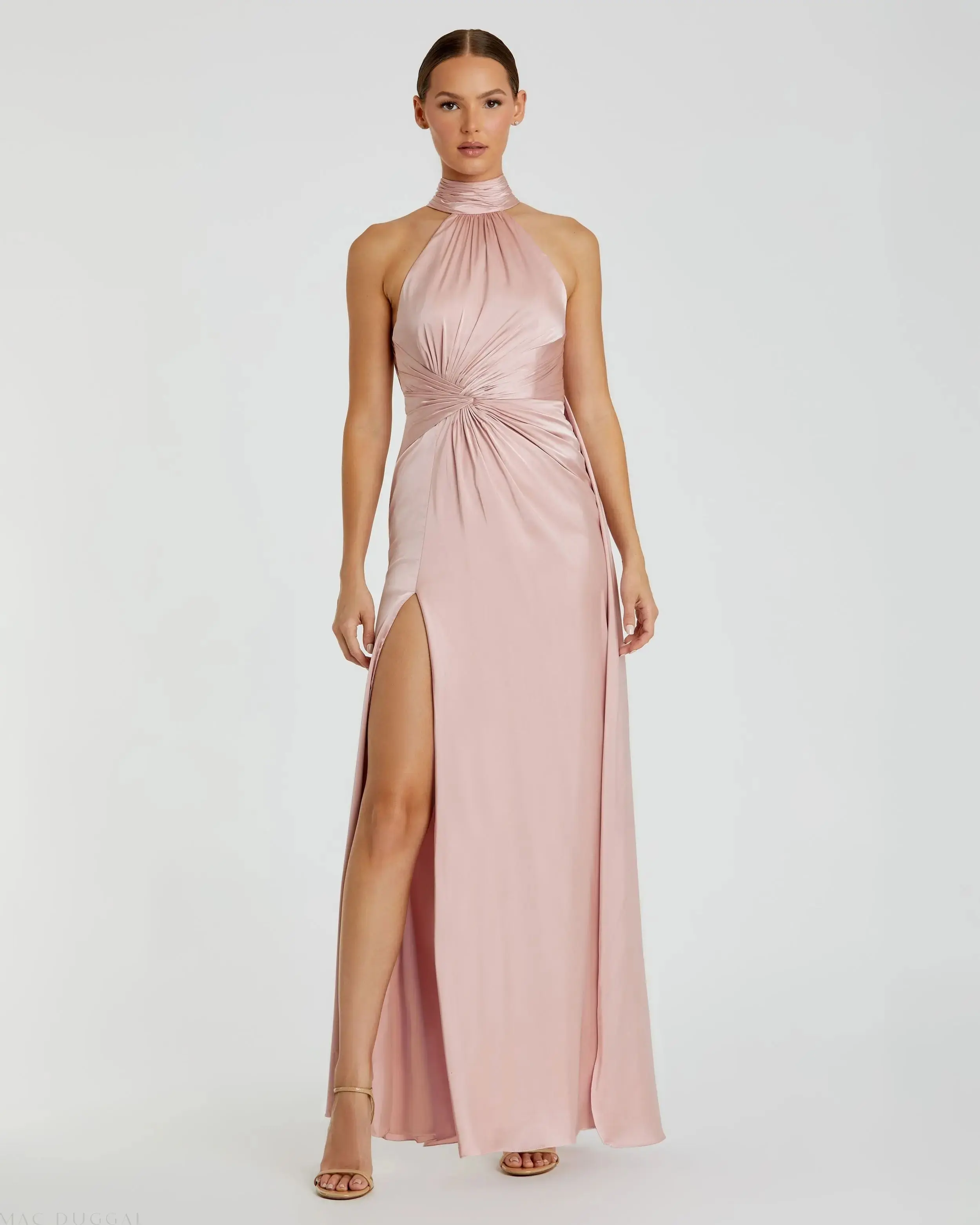 Pink Sleeveless Open Back Satin Gown - Special Events Unlimited