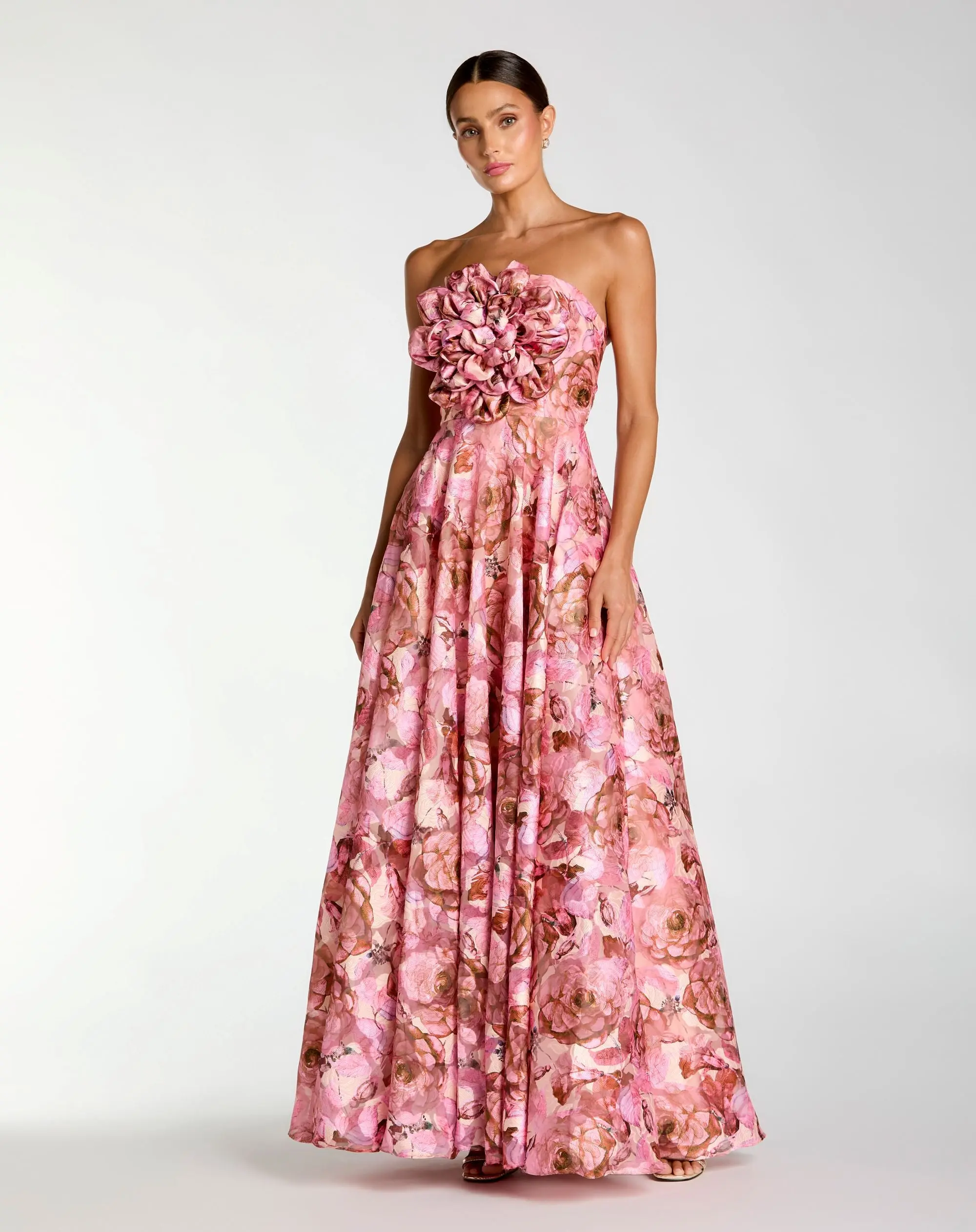 Pink Strapless Floral Printed A-Line Gown With 3D Flower - Special Events Unlimited