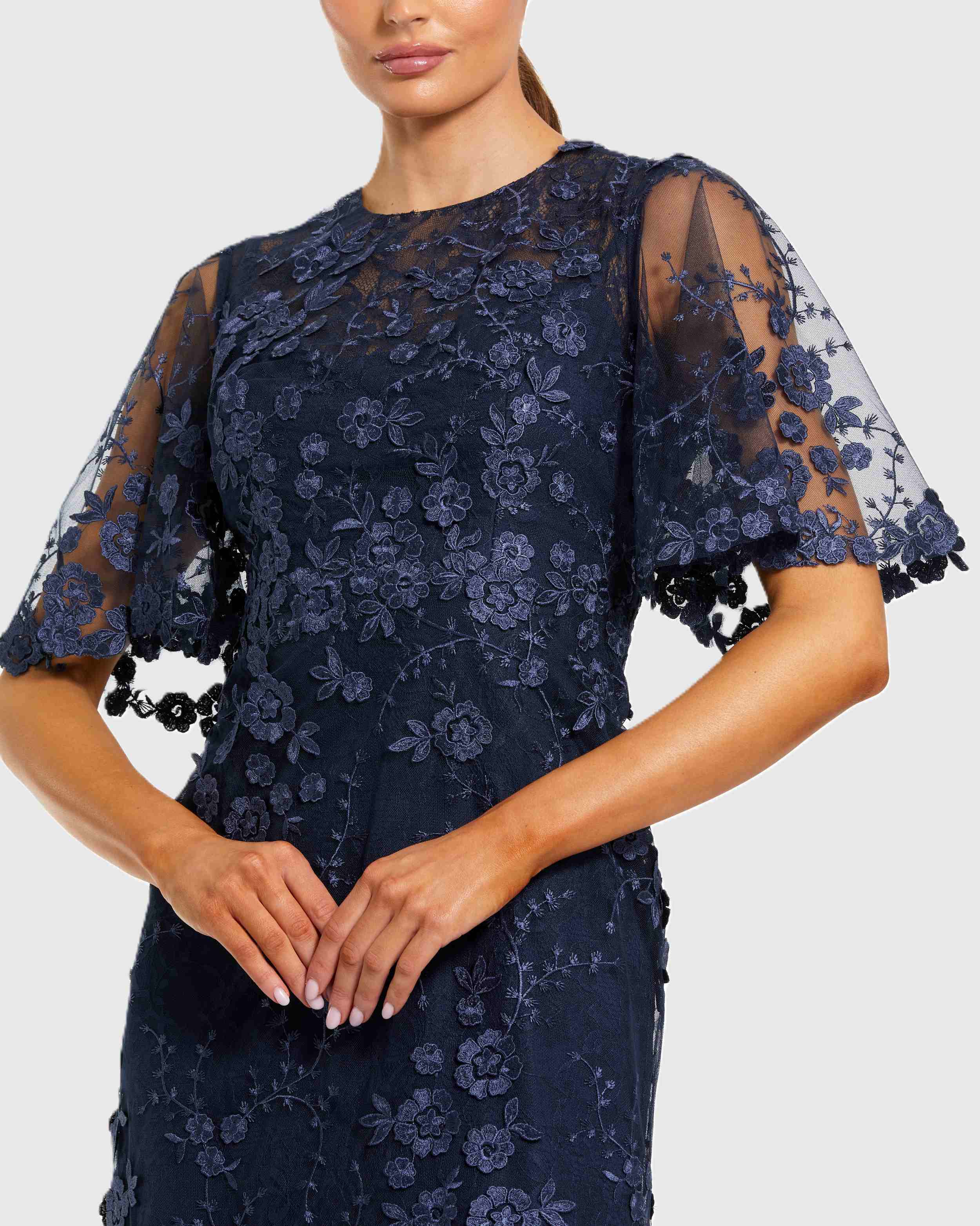 Navy Flutter Sleeve Floral Embroidered Net Gown - Special Events Unlimited