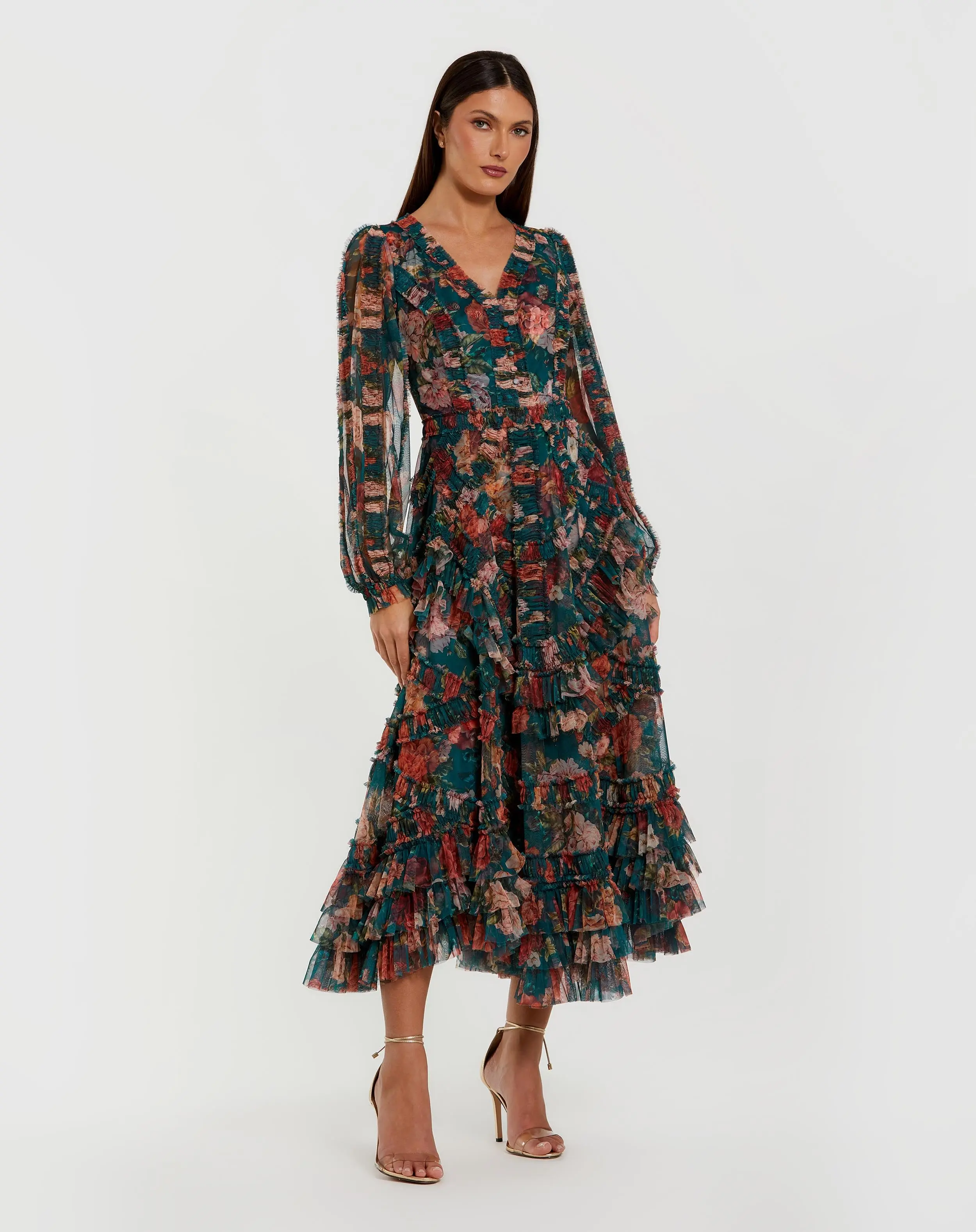 Teal Long Sleeve Floral Midi Dress With Ruffles - Special Events Unlimited