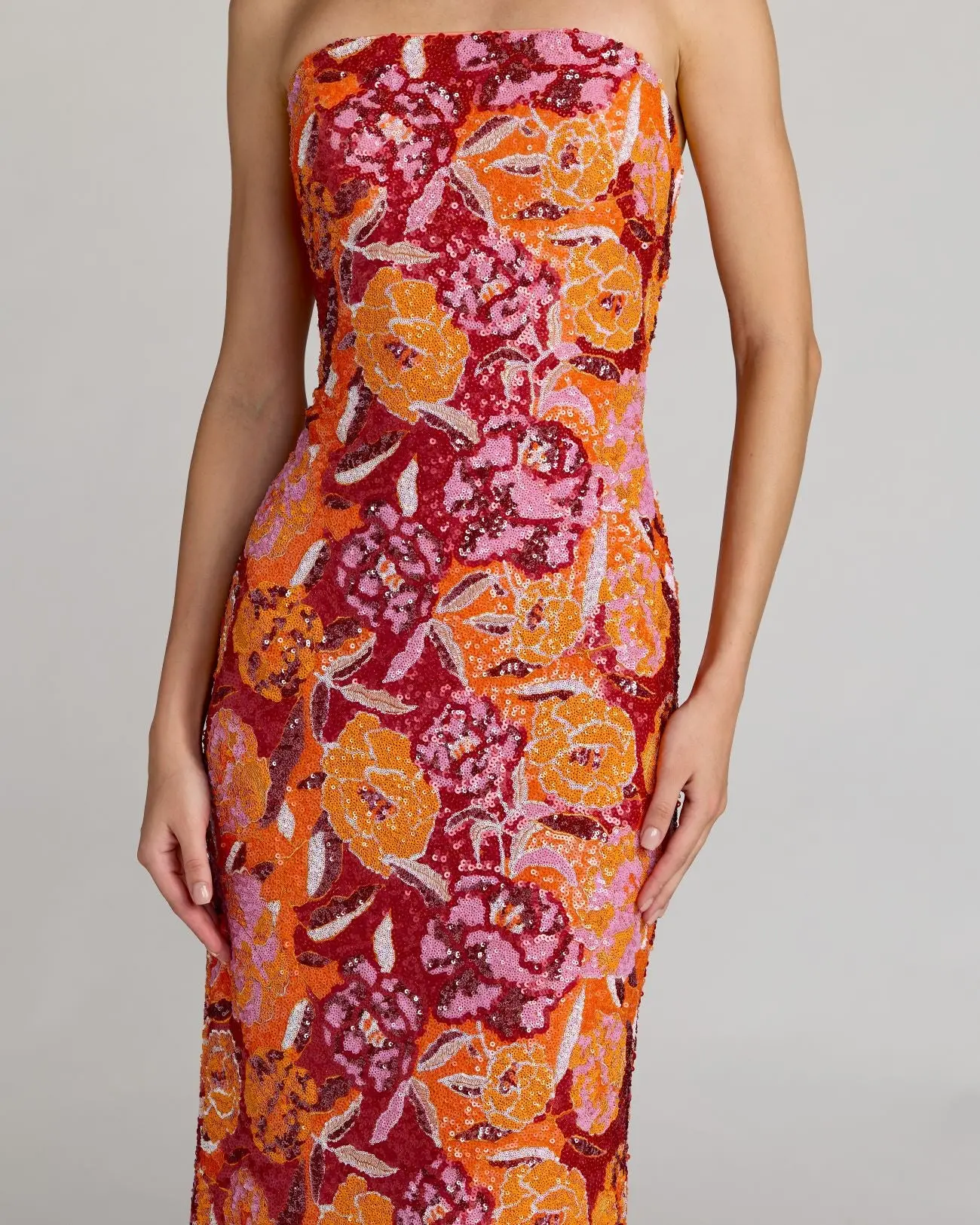 Pink and Orange Strapless Floral Sequin Midi Dress - Special Events Unlimited