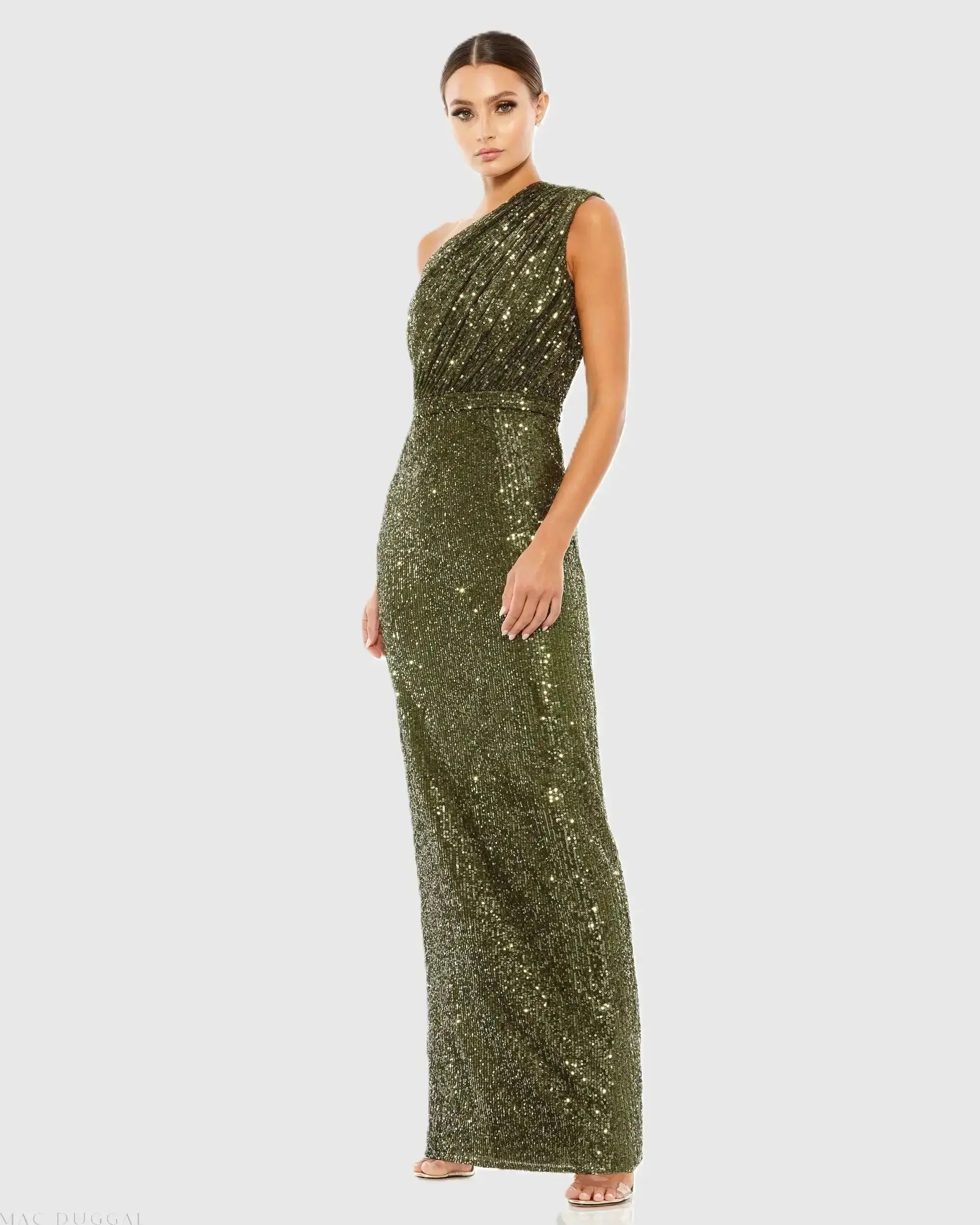 Petite Dark Green Sequined Ruched One Shoulder Gown - Special Events Unlimited