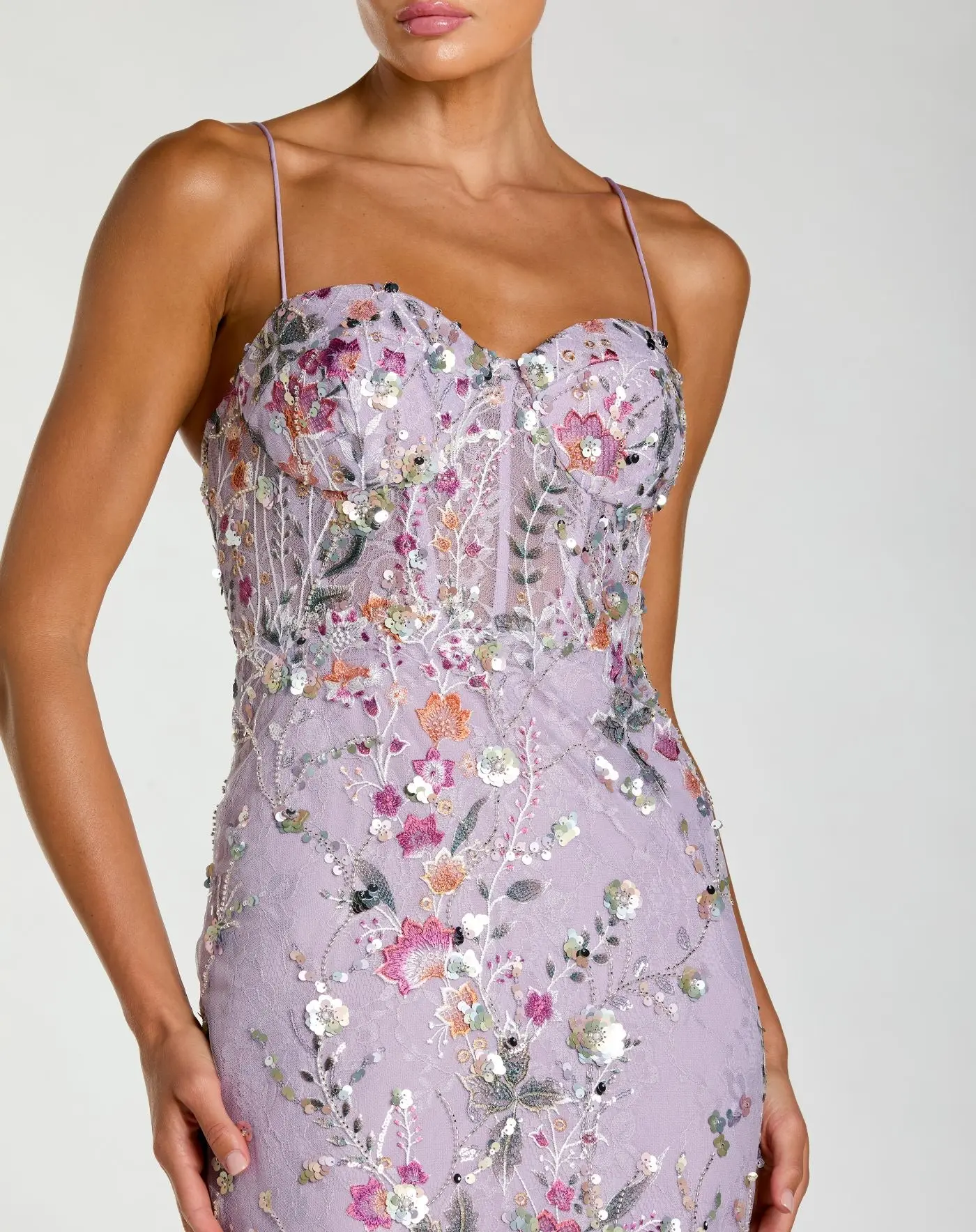 Purple Spaghetti Strap Floral Embroidered Trumpet Gown - Special Events Unlimited