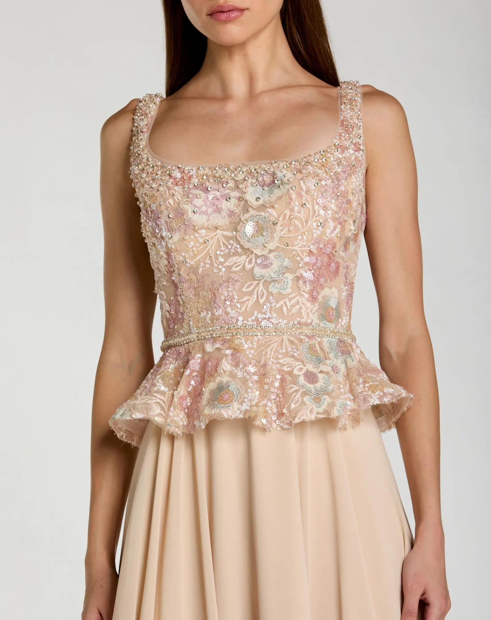 Petite Beige Embroidered Peplum Top With Chiffon Skirt Gown - Special Events Unlimited