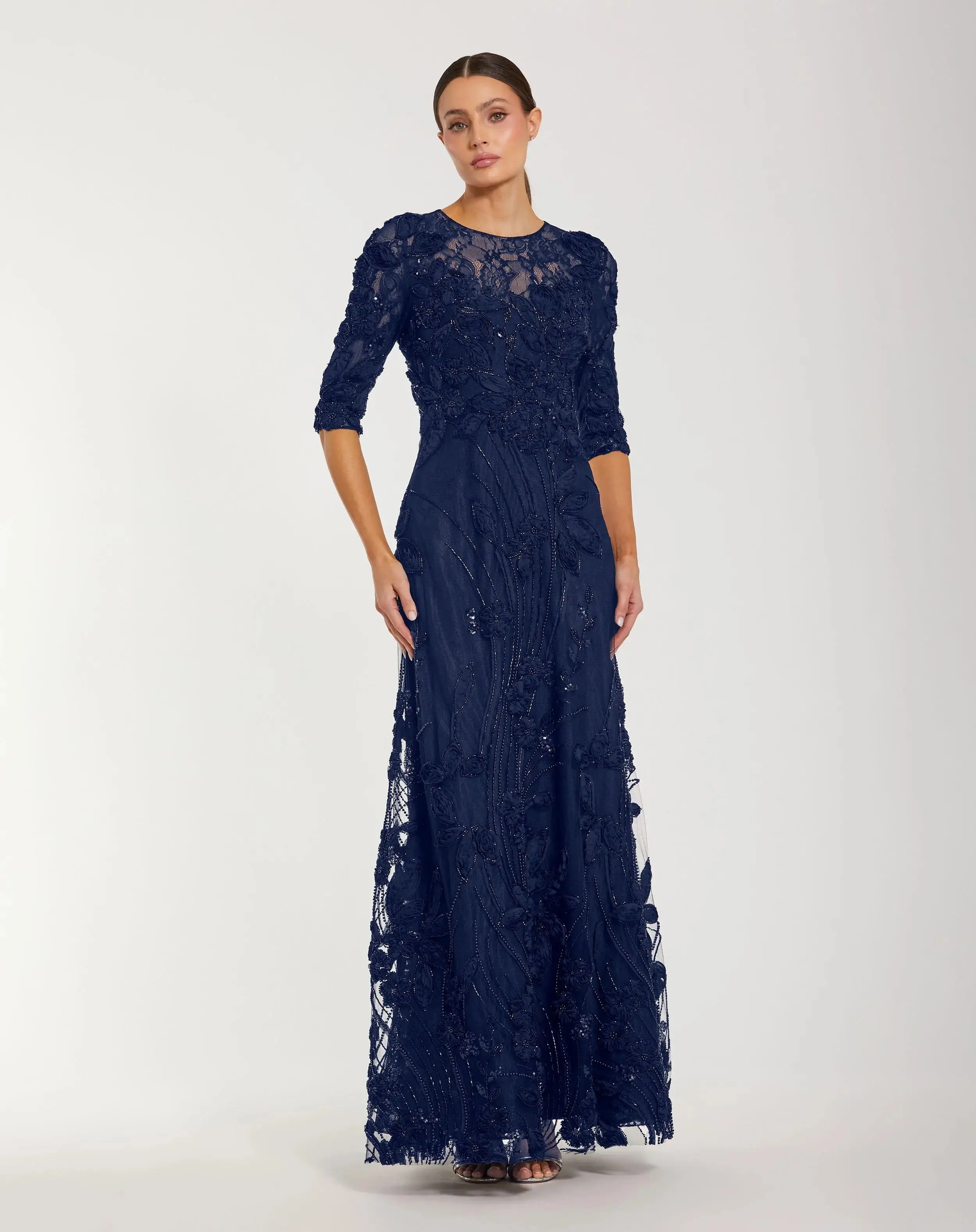 Navy High Neck Embellished Lace Gown with 3/4 Sleeves - Special Events Unlimited