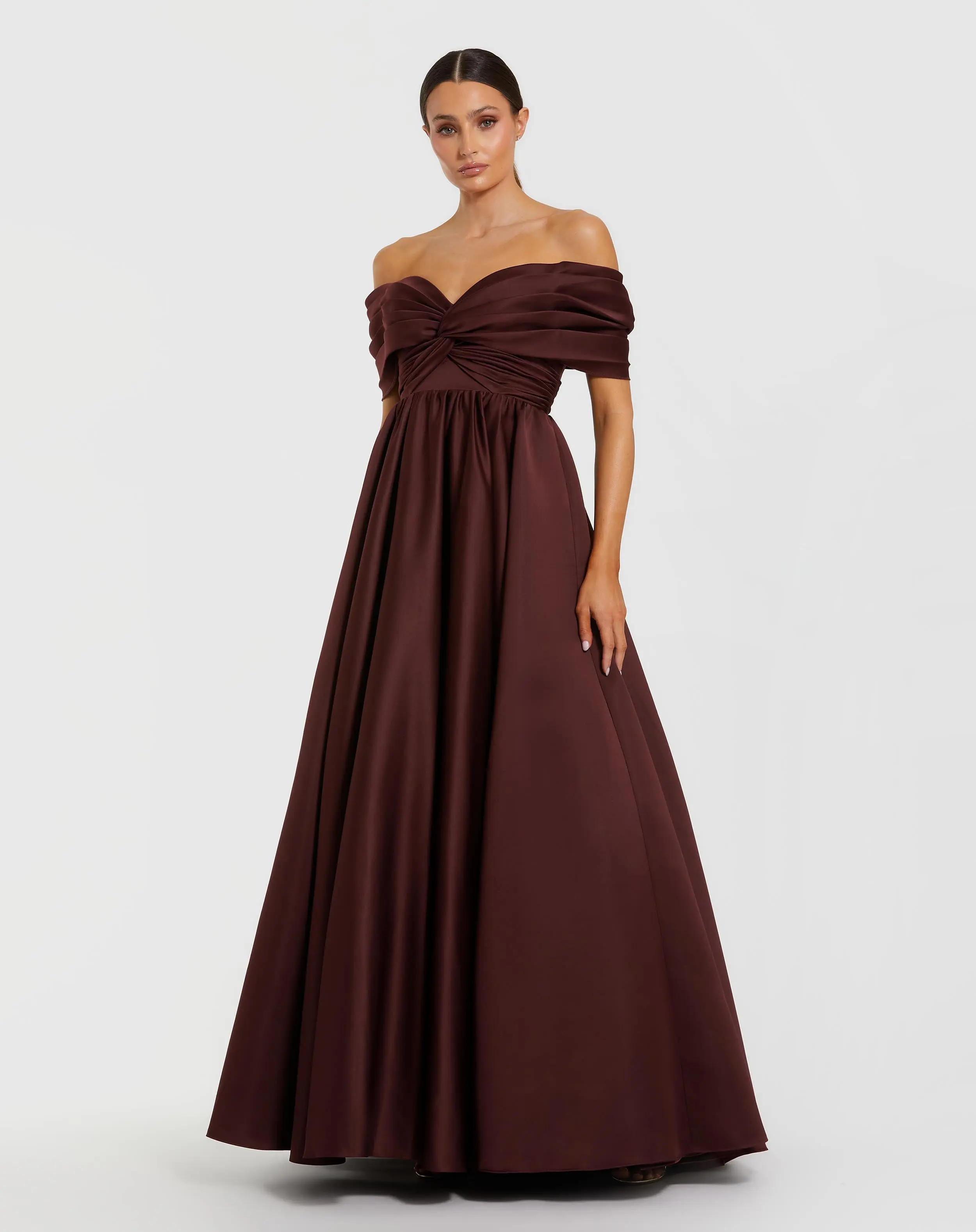 Burgundy Satin Off The Shoulder Twist Evening Ball Gown - Special Events Unlimited